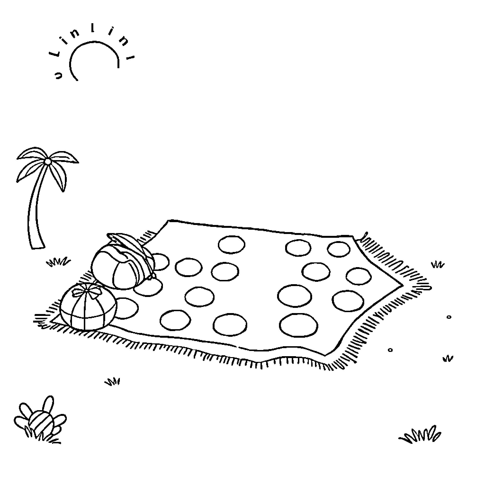 Beach scene with palm tree and shapes Coloring Page (free black-and-white line drawing printable PDF for all, from beginners to advanced learners, including children, teens, adults, and seniors)