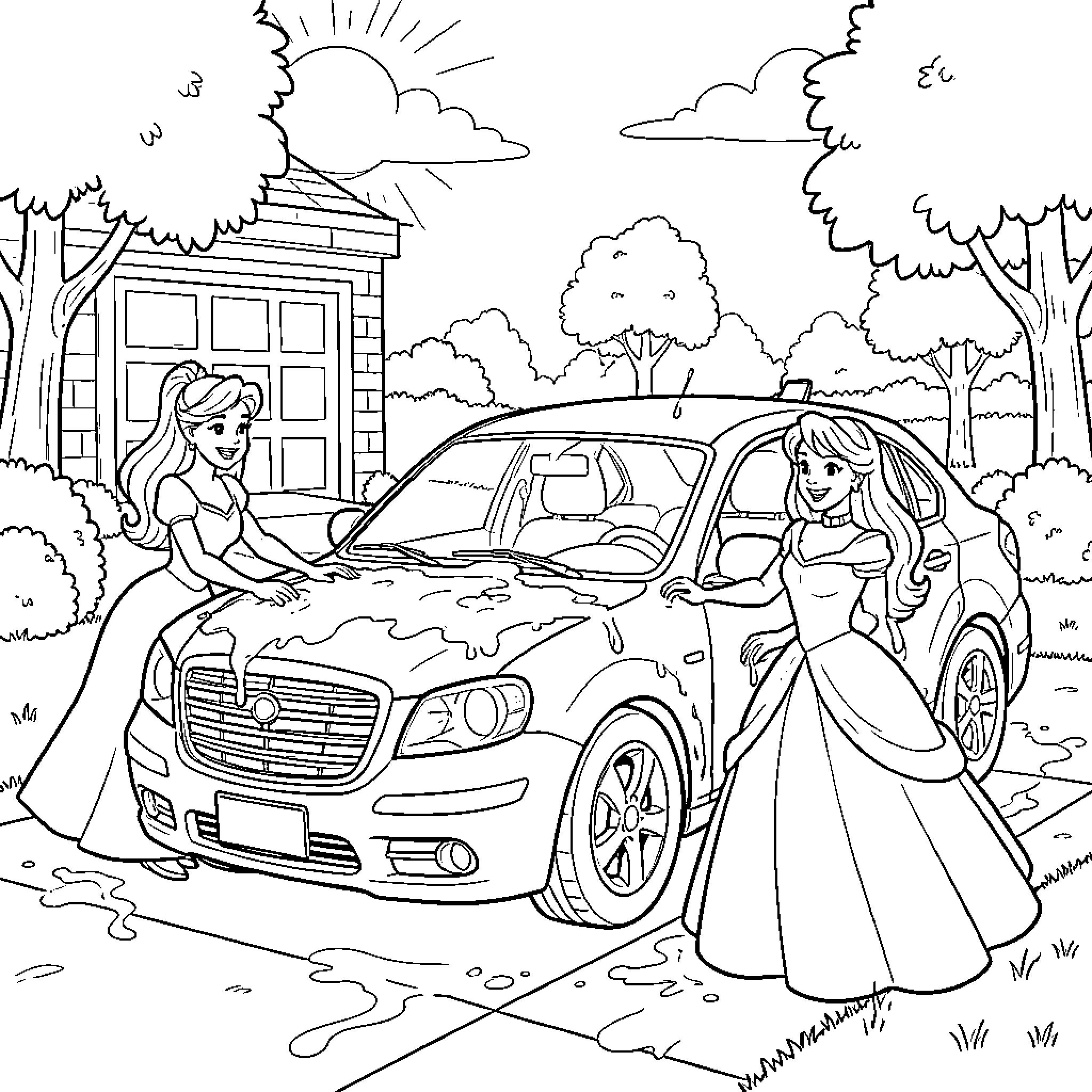 Princess playing near the car in the park Coloring Page (free black-and-white line drawing printable PDF for all, from beginners to advanced learners, including children, teens, adults, and seniors)