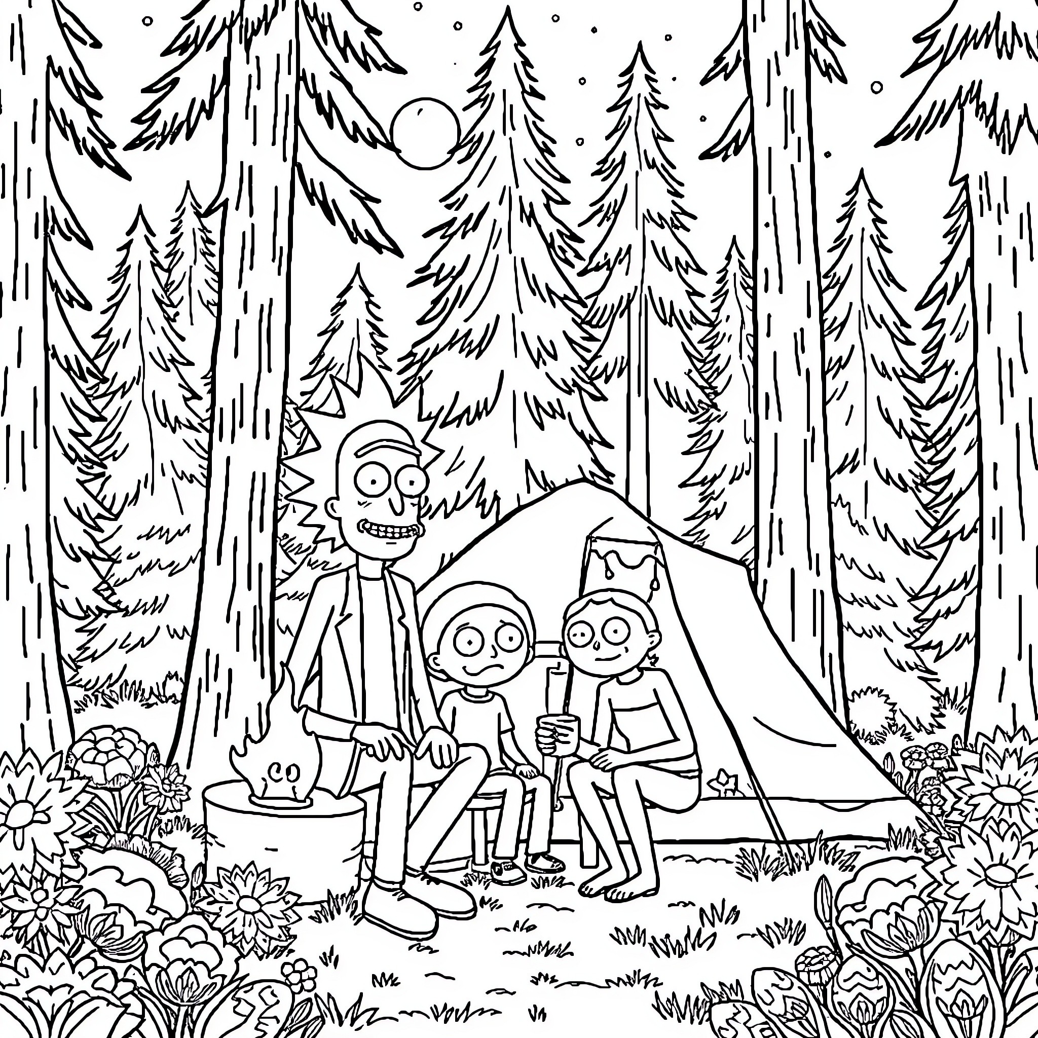 Rick's Outdoor Adventure with Friends in Forest Coloring Page (free black-and-white line drawing printable PDF for all, from beginners to advanced learners, including children, teens, adults, and seniors)