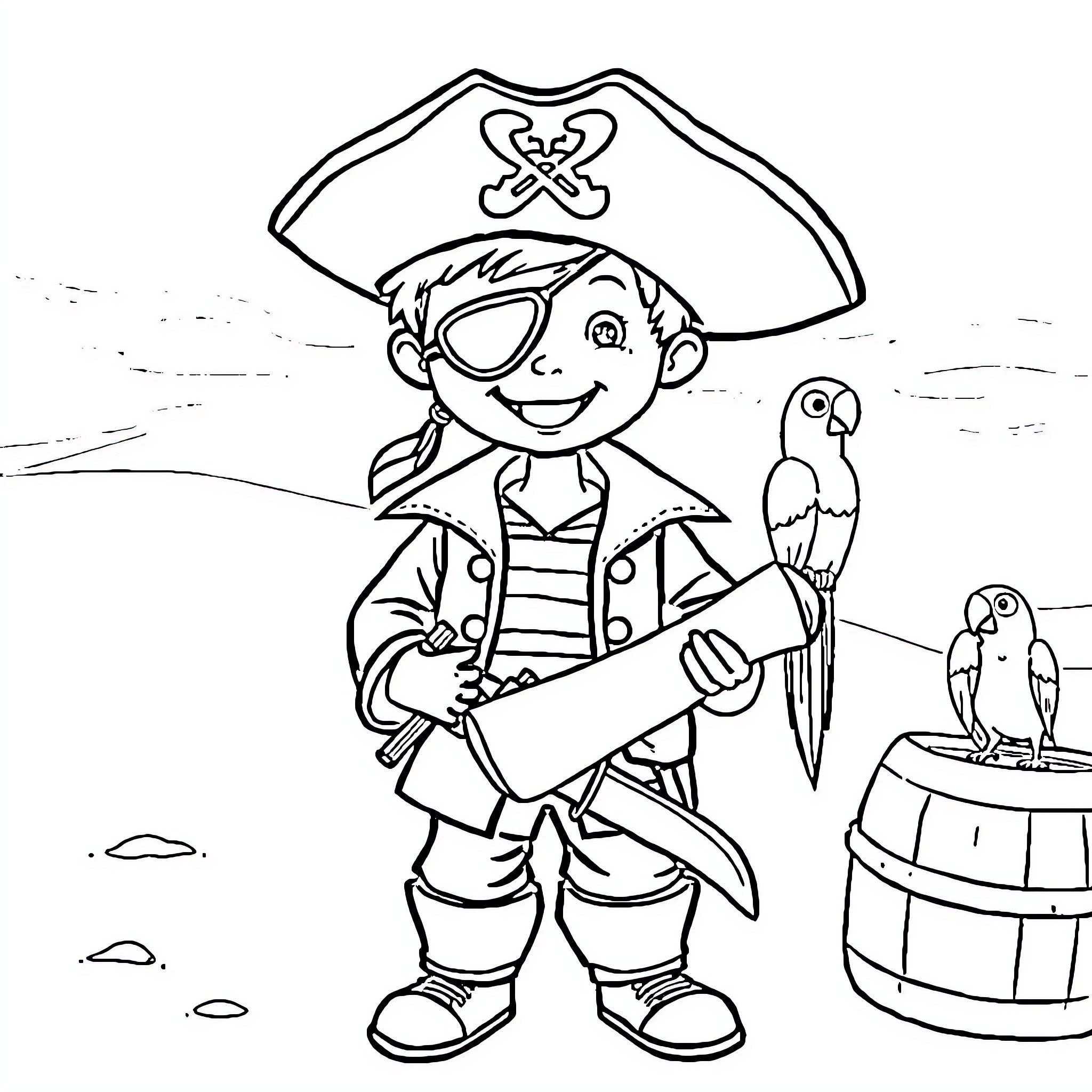 Boy dressed as a pirate holding a parrot on a ship Coloring Page (free black-and-white line drawing printable PDF for all, from beginners to advanced learners, including children, teens, adults, and seniors)