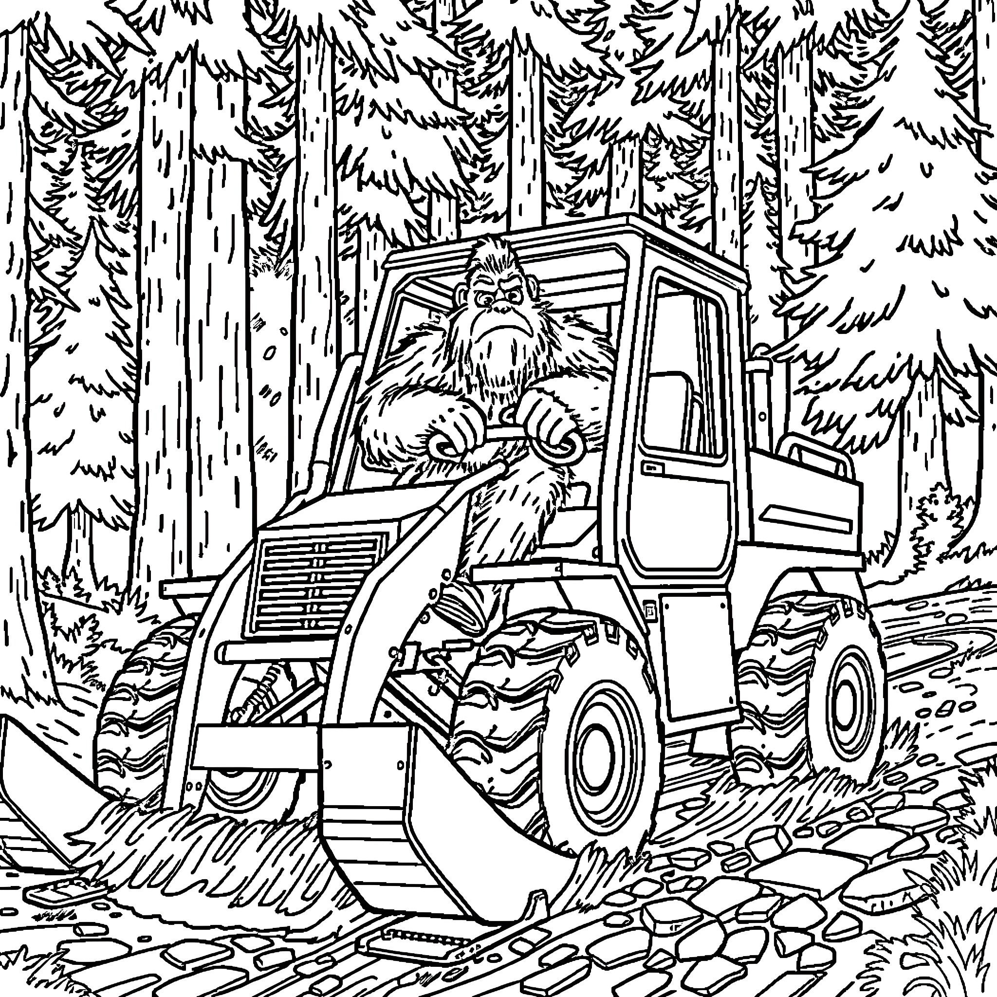 Bigfoot operating a construction vehicle in the forest Coloring Page (free black-and-white line drawing printable PDF for all, from beginners to advanced learners, including children, teens, adults, and seniors)