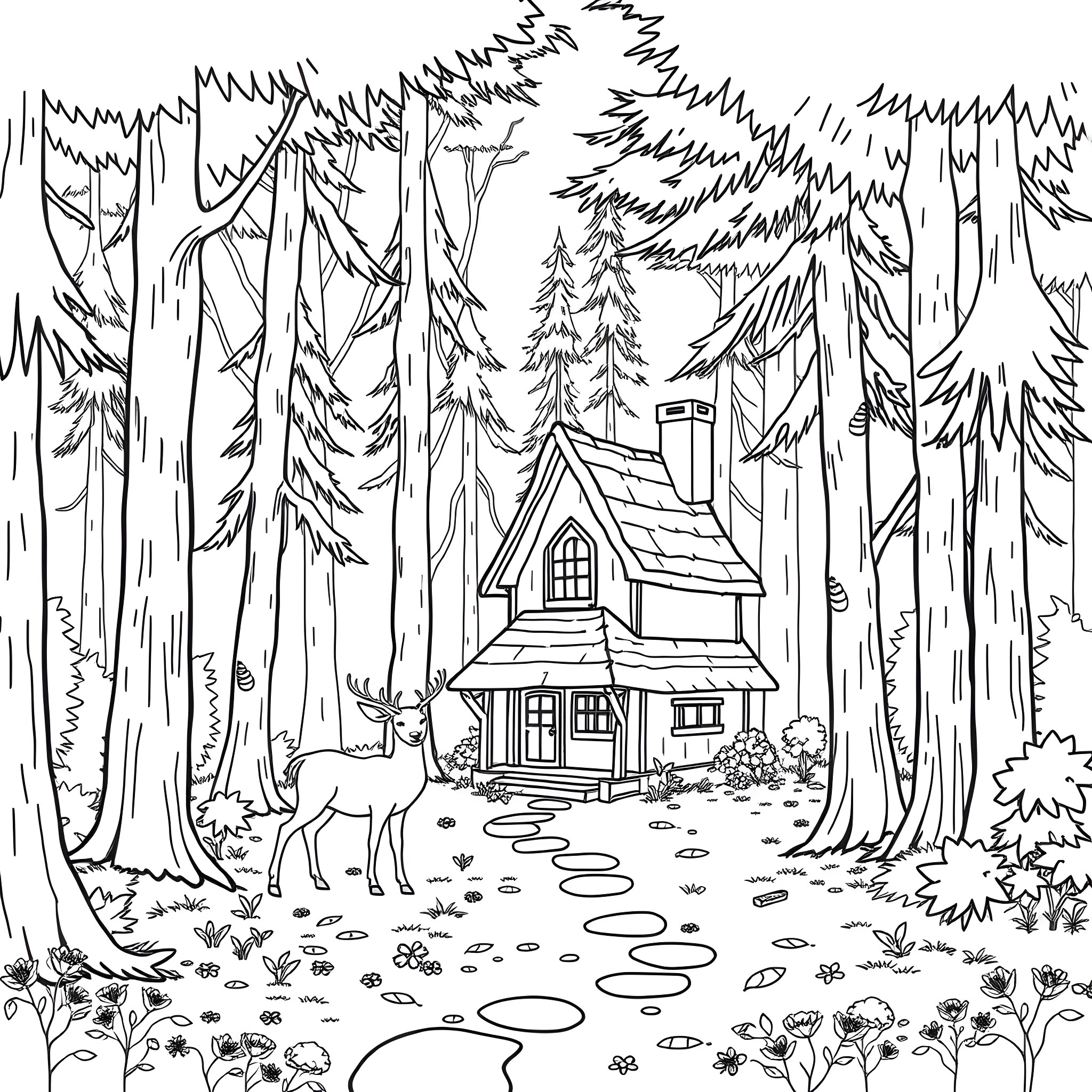Deer in the enchanted forest near a cozy cabin Coloring Page (free black-and-white line drawing printable PDF for all, from beginners to advanced learners, including children, teens, adults, and seniors)