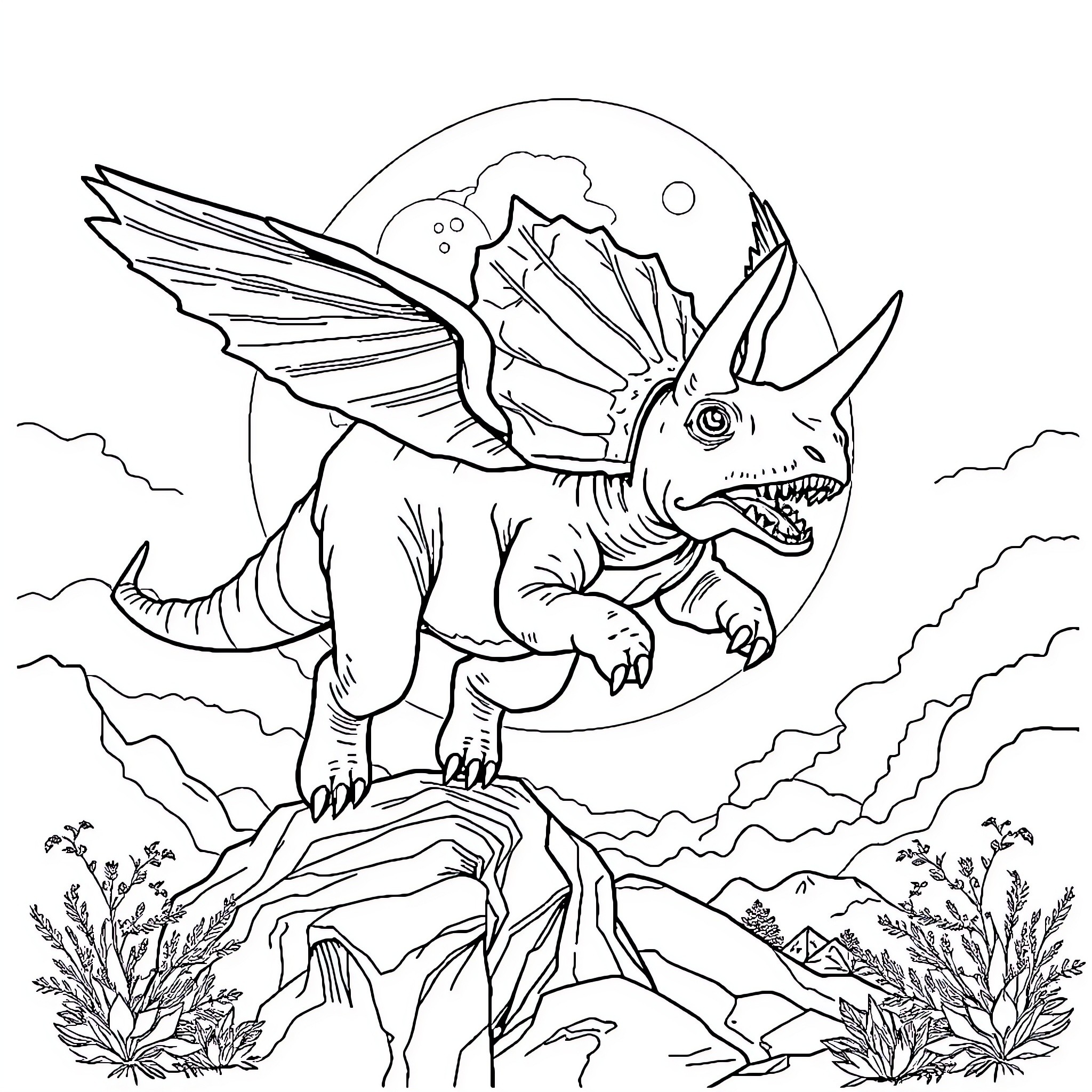Triceratops roaring in prehistoric landscape Coloring Page (free black-and-white line drawing printable PDF for all, from beginners to advanced learners, including children, teens, adults, and seniors)