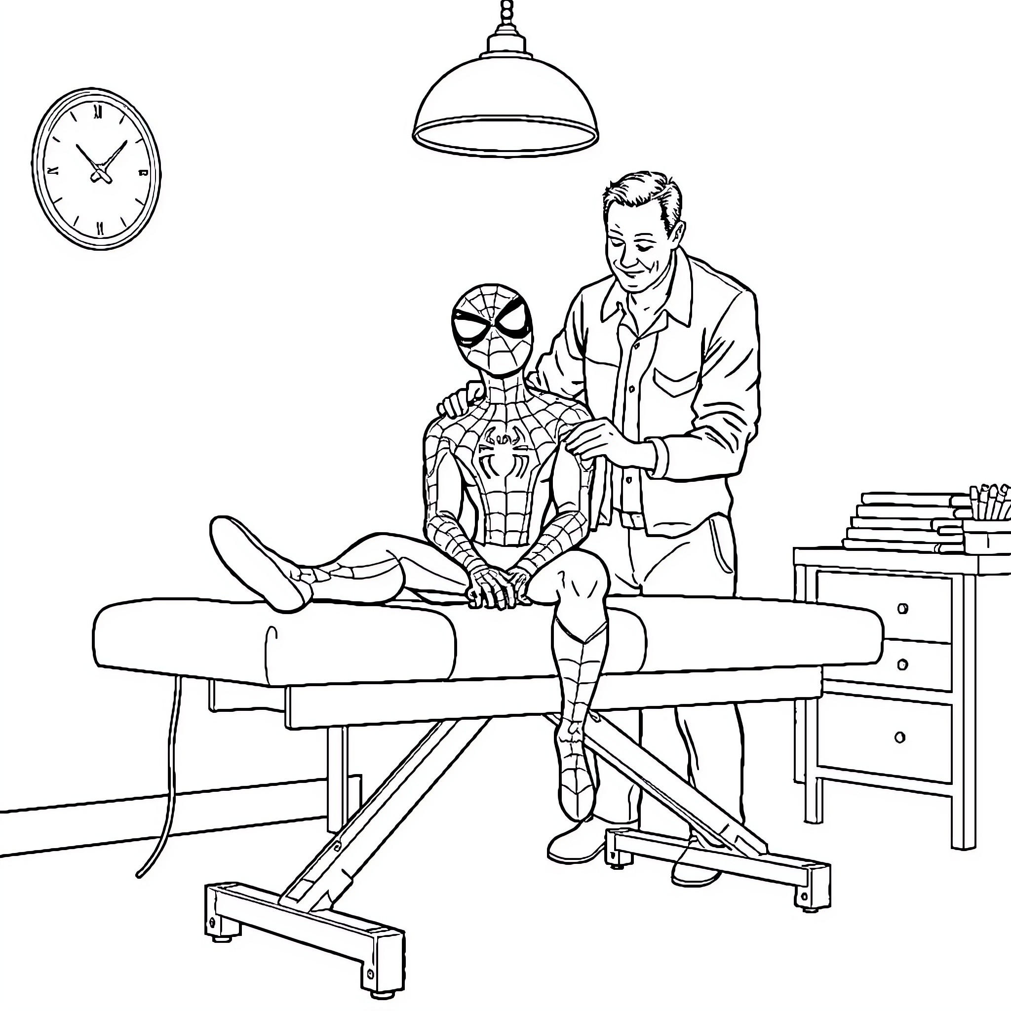 Spiderman receives medical treatment from doctor Coloring Page (free black-and-white line drawing printable PDF for all, from beginners to advanced learners, including children, teens, adults, and seniors)