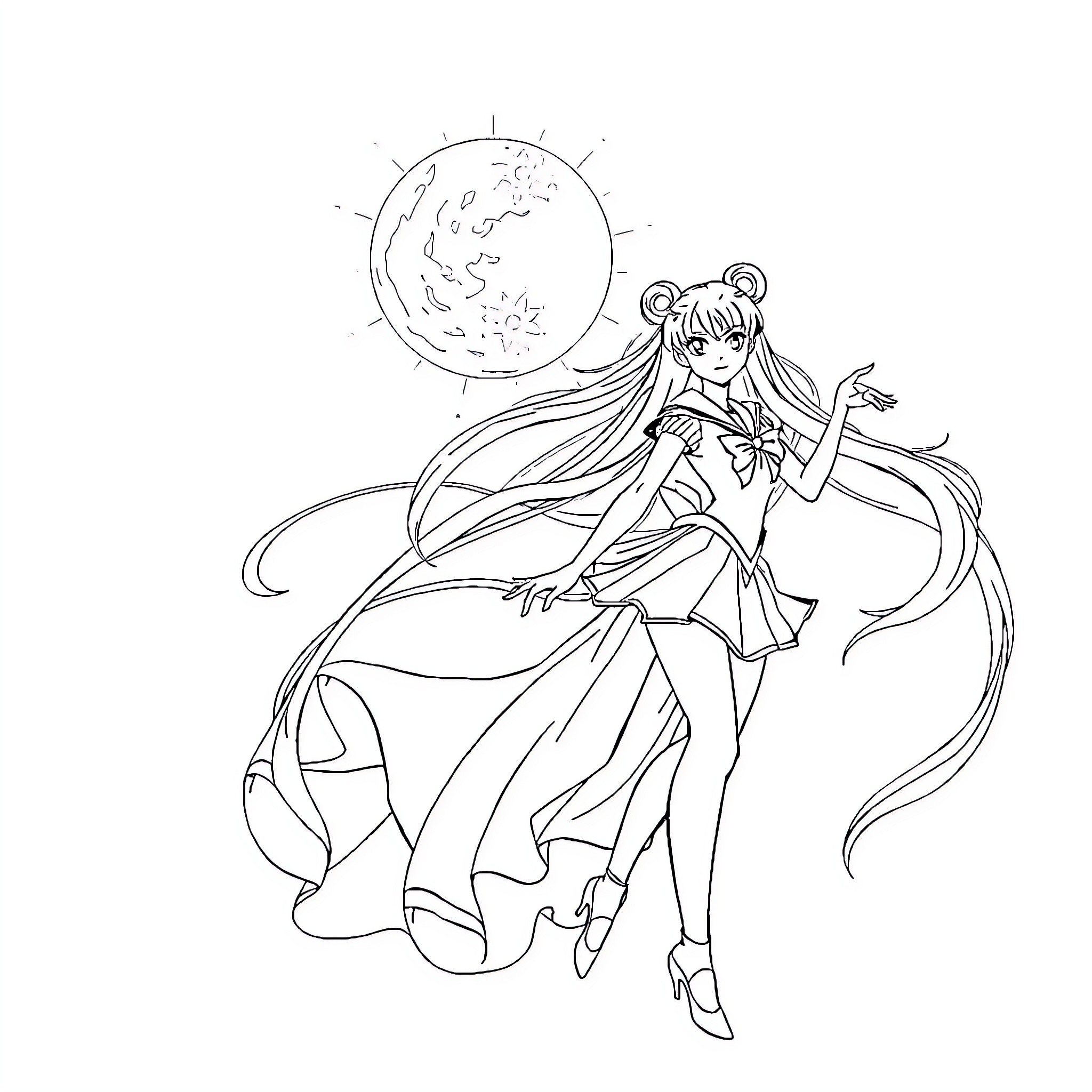 Sailormoon in graceful pose under the night sky Coloring Page (free black-and-white line drawing printable PDF for all, from beginners to advanced learners, including children, teens, adults, and seniors)
