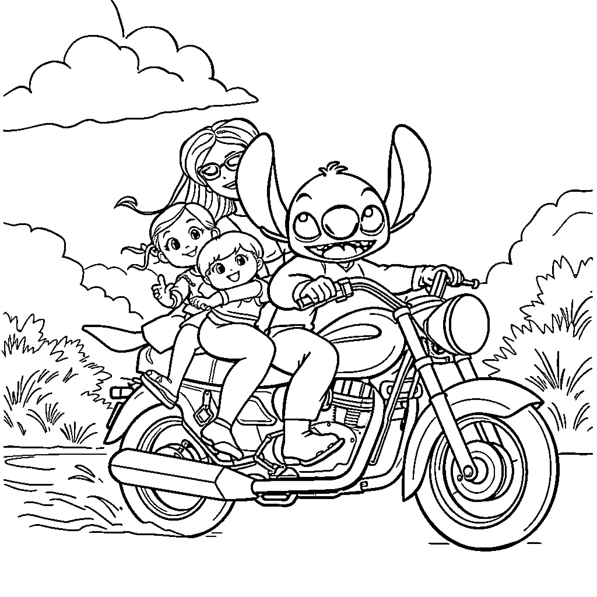 Stitch and Friends Riding Motorcycle Through Nature Coloring Page (free black-and-white line drawing printable PDF for all, from beginners to advanced learners, including children, teens, adults, and seniors)