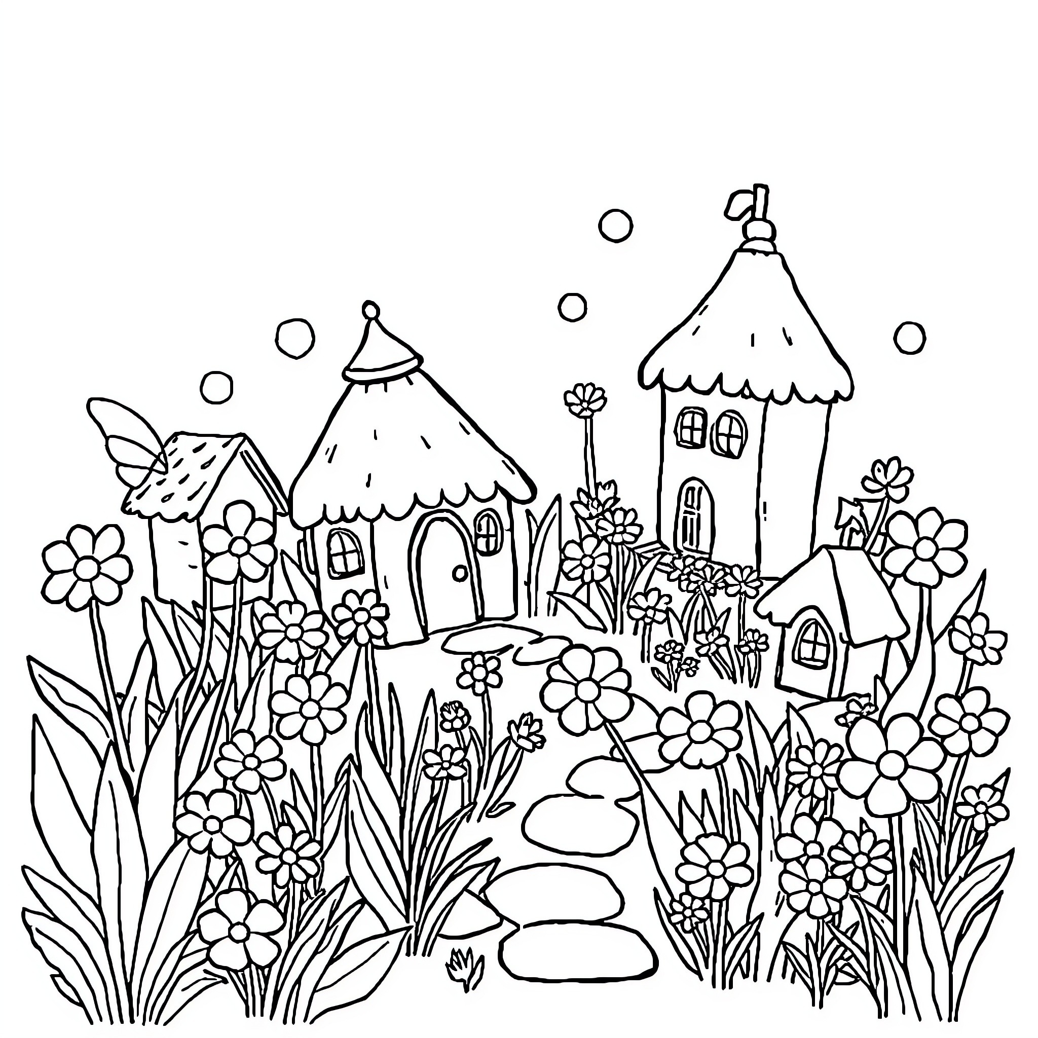 Fairy Dwellings Surrounded by Enchanting Flora Coloring Page (free black-and-white line drawing printable PDF for all, from beginners to advanced learners, including children, teens, adults, and seniors)
