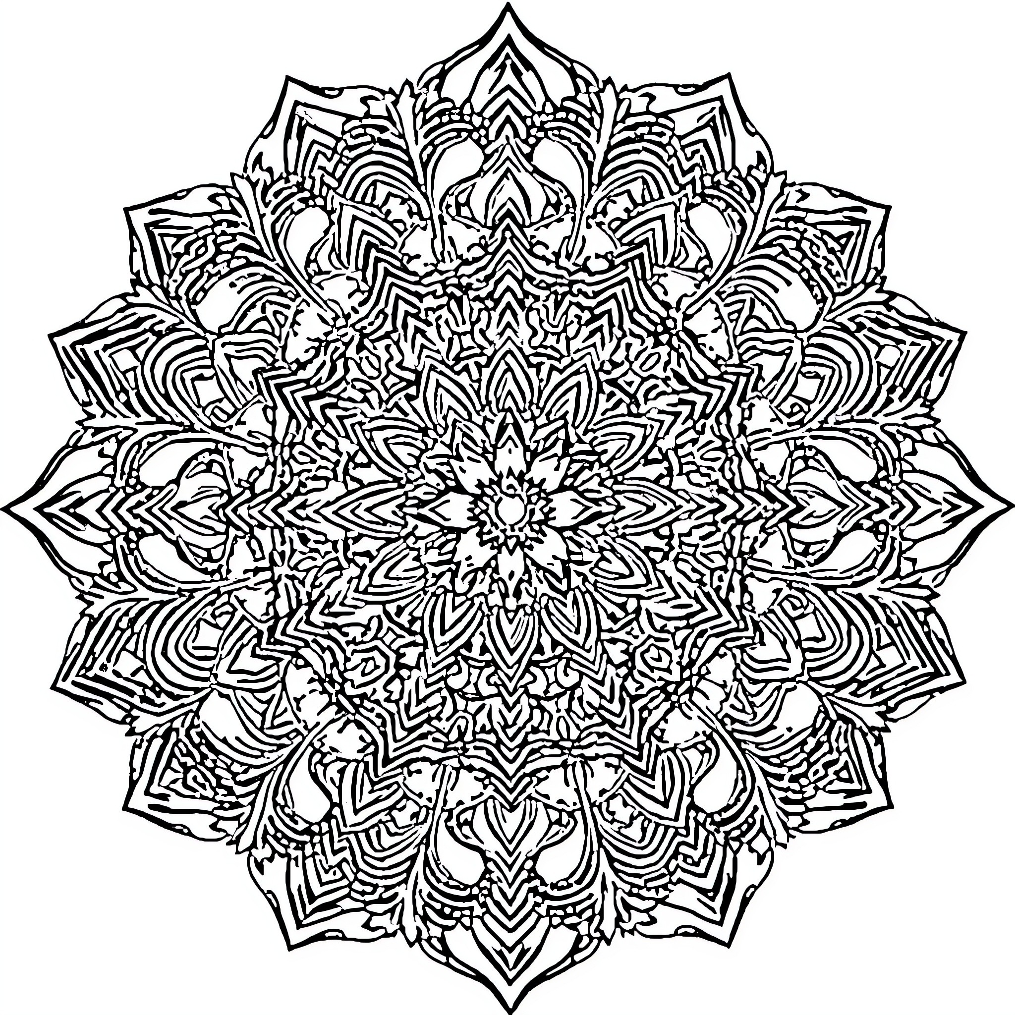 Mandala with intricate symmetrical patterns Coloring Page (free black-and-white line drawing printable PDF for all, from beginners to advanced learners, including children, teens, adults, and seniors)