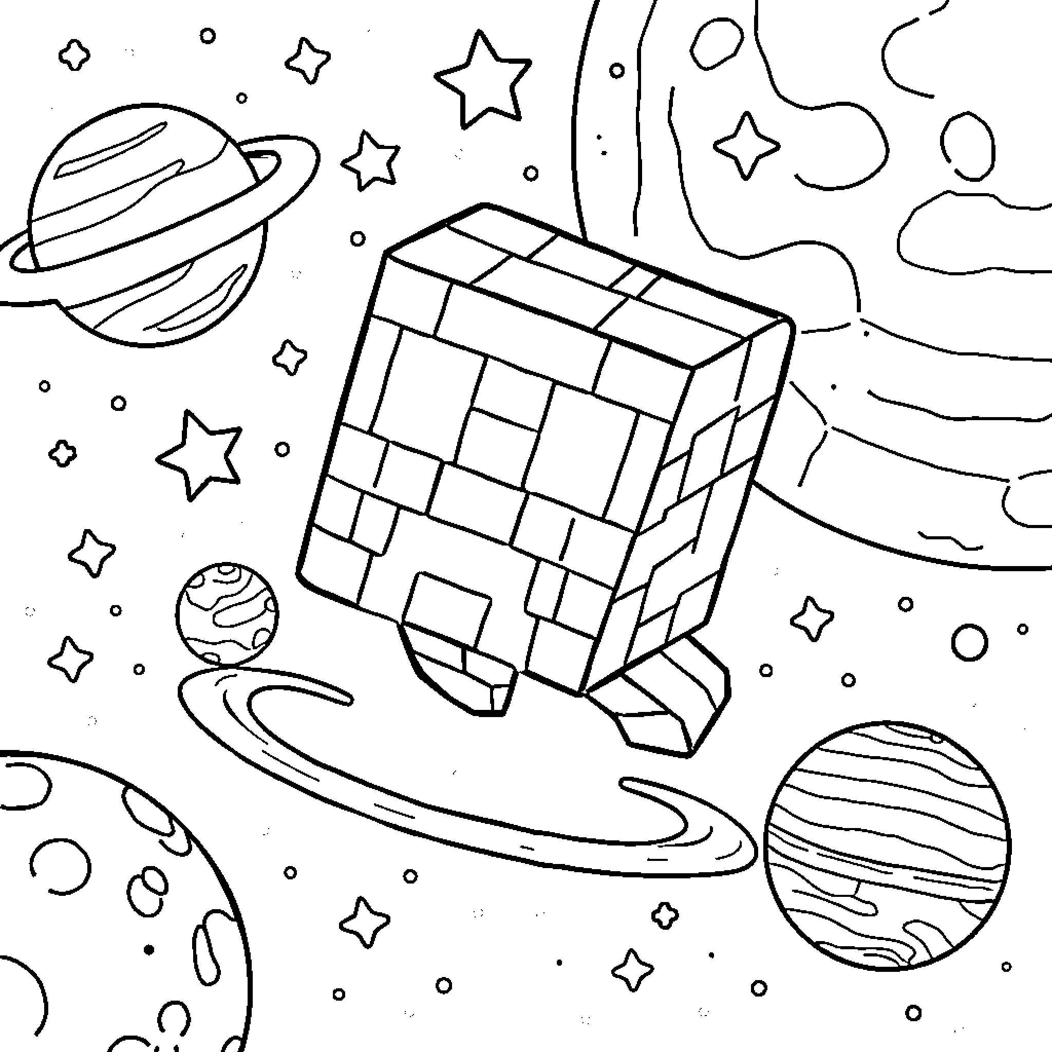 Creeper in Outer Space with Planets and Stars Coloring Page (free black-and-white line drawing printable PDF for all, from beginners to advanced learners, including children, teens, adults, and seniors)