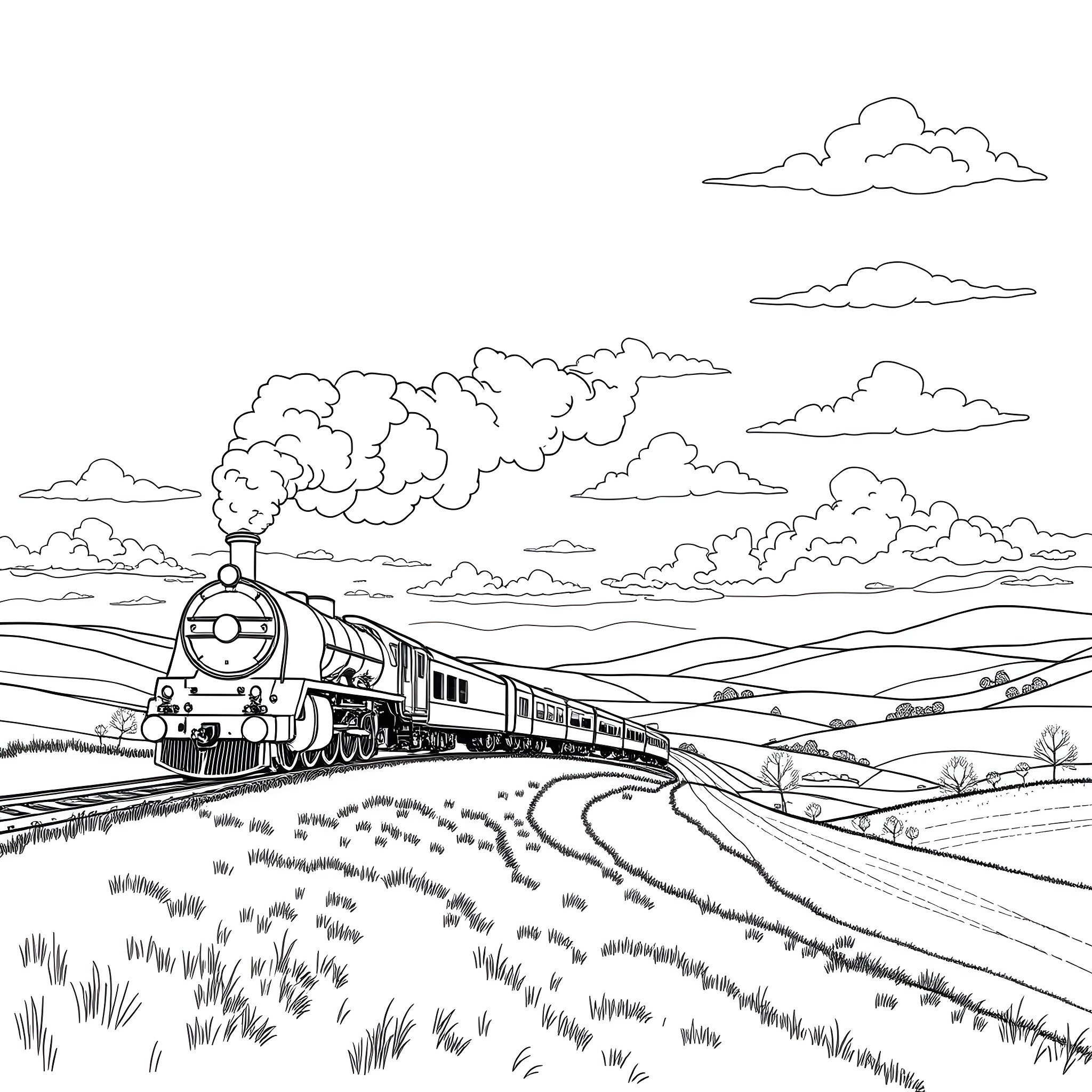 Train Traveling Through Scenic Countryside Landscape Coloring Page (free black-and-white line drawing printable PDF for all, from beginners to advanced learners, including children, teens, adults, and seniors)