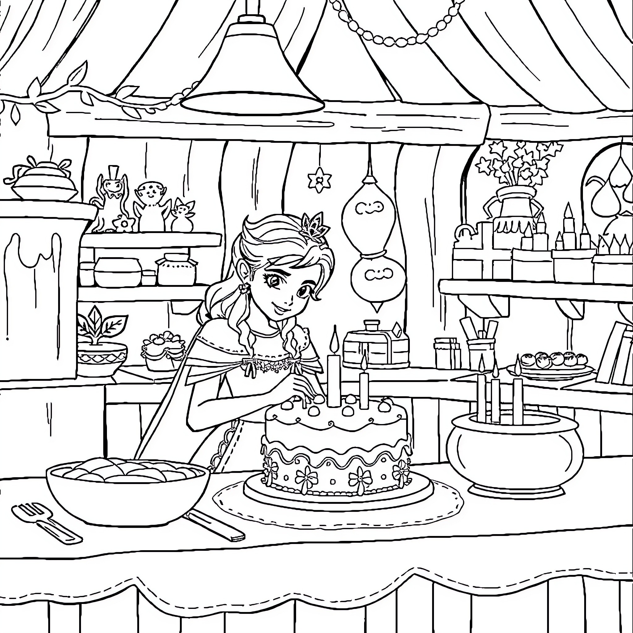 Reine des Neiges: Baking a Delightful Cake Coloring Page (free black-and-white line drawing printable PDF for all, from beginners to advanced learners, including children, teens, adults, and seniors)