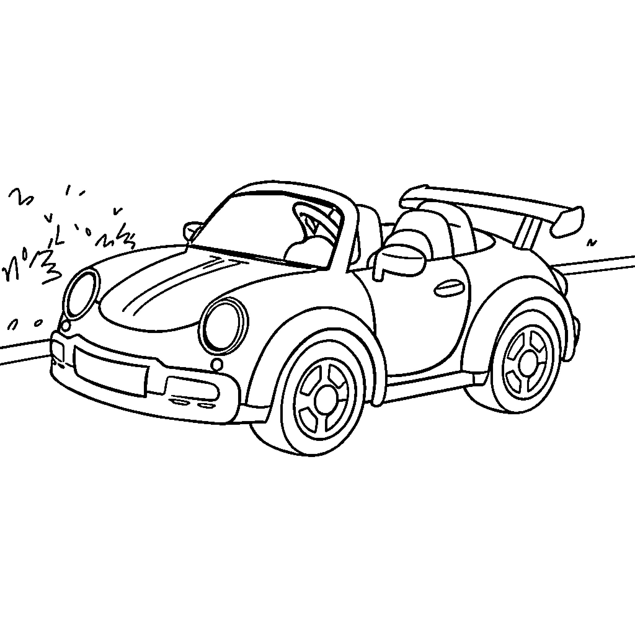 Car speeding on the road Coloring Page (free black-and-white line drawing printable PDF for all, from beginners to advanced learners, including children, teens, adults, and seniors)