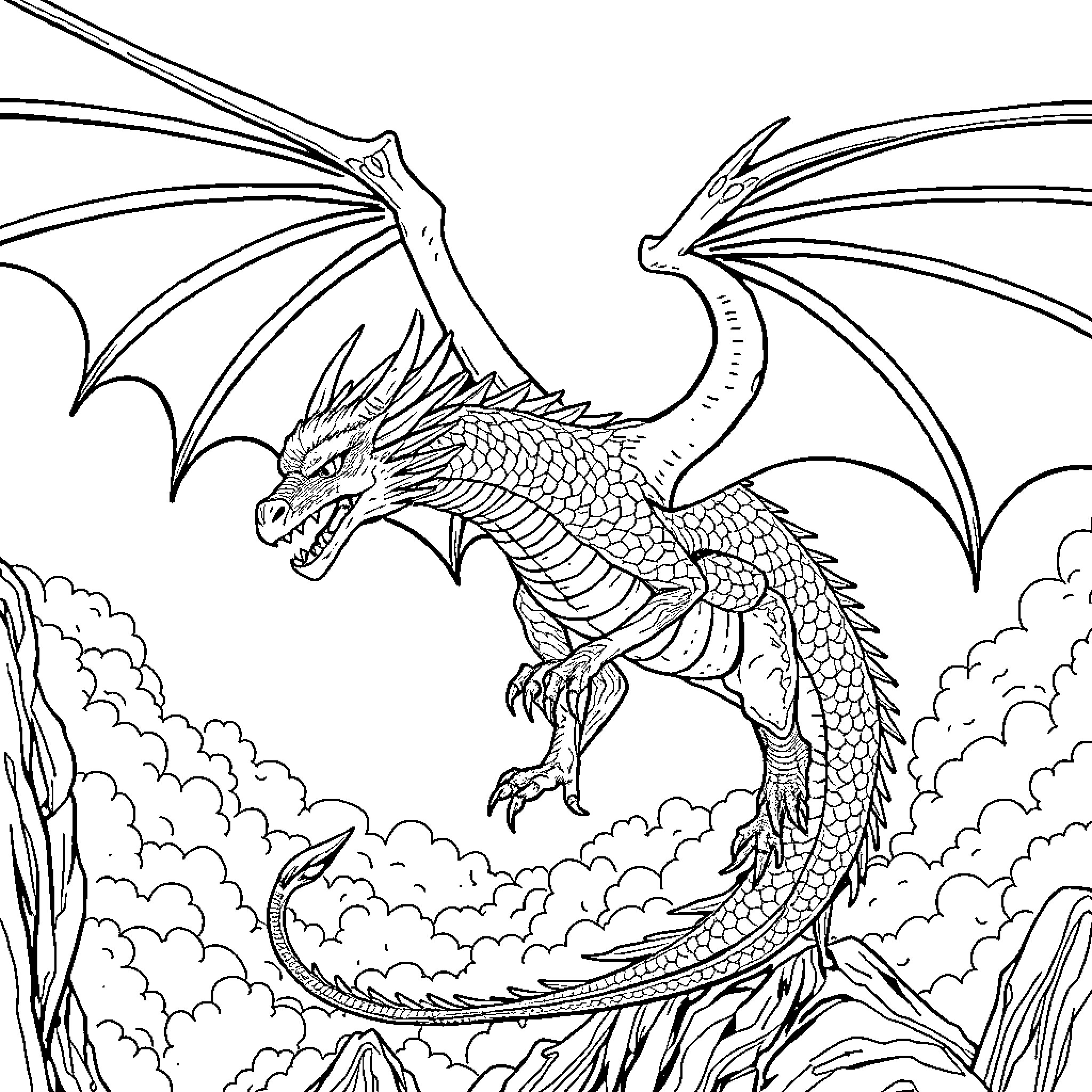 Dragon soaring through the clouded skies Coloring Page (free black-and-white line drawing printable PDF for all, from beginners to advanced learners, including children, teens, adults, and seniors)