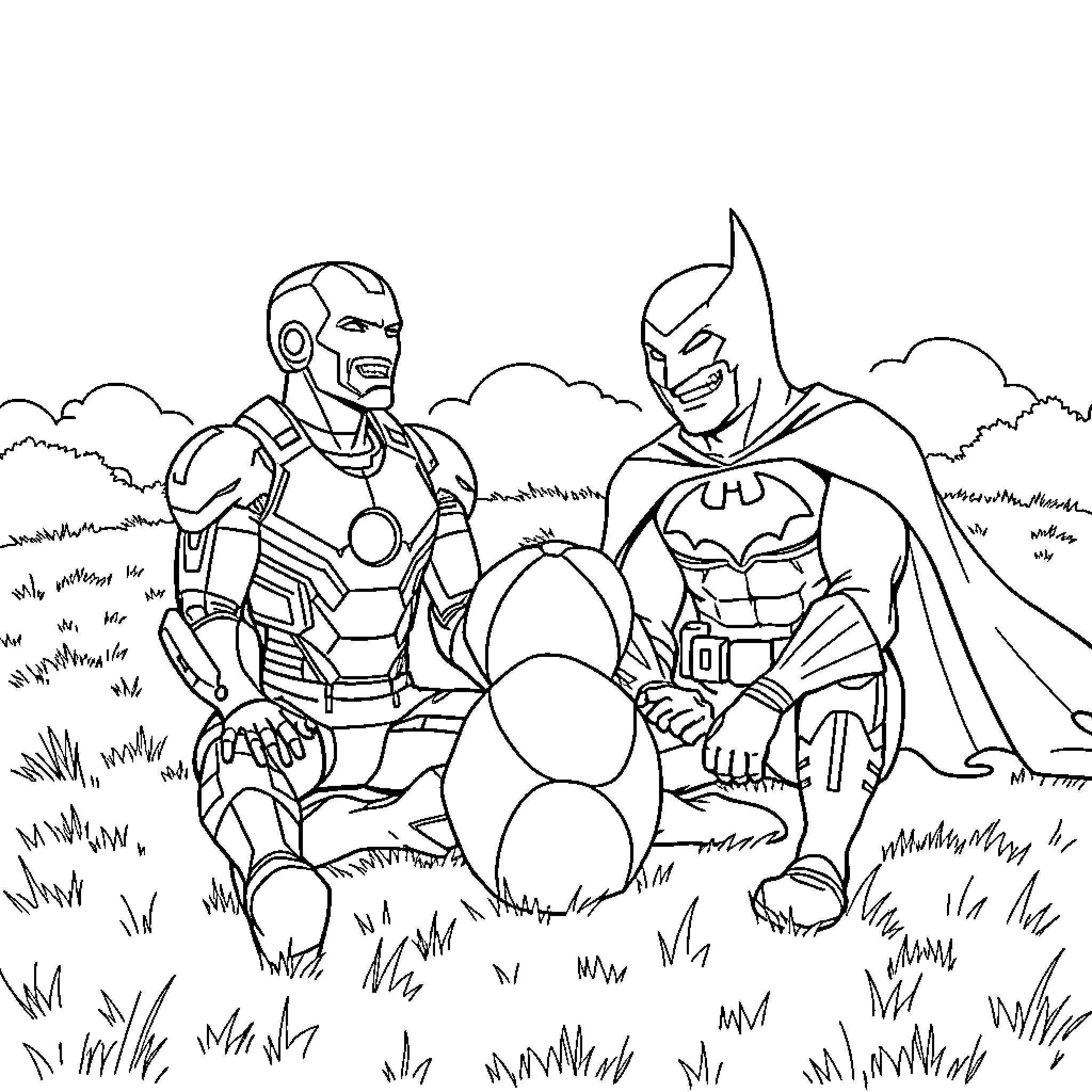 Iron Man and Batman in a Heroic Encounter Coloring Page (free black-and-white line drawing printable PDF for all, from beginners to advanced learners, including children, teens, adults, and seniors)