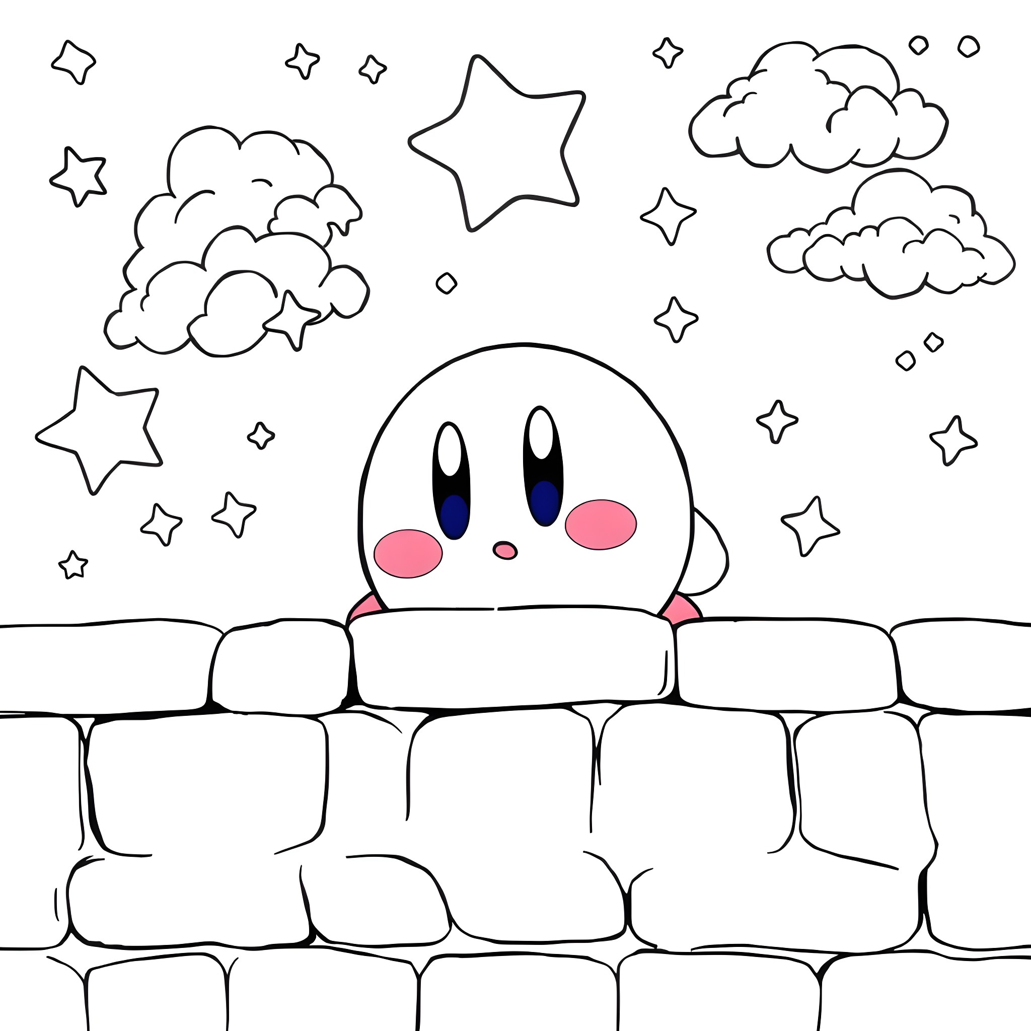 Kirby in the Starry Sky Coloring Page (free black-and-white line drawing printable PDF for all, from beginners to advanced learners, including children, teens, adults, and seniors)
