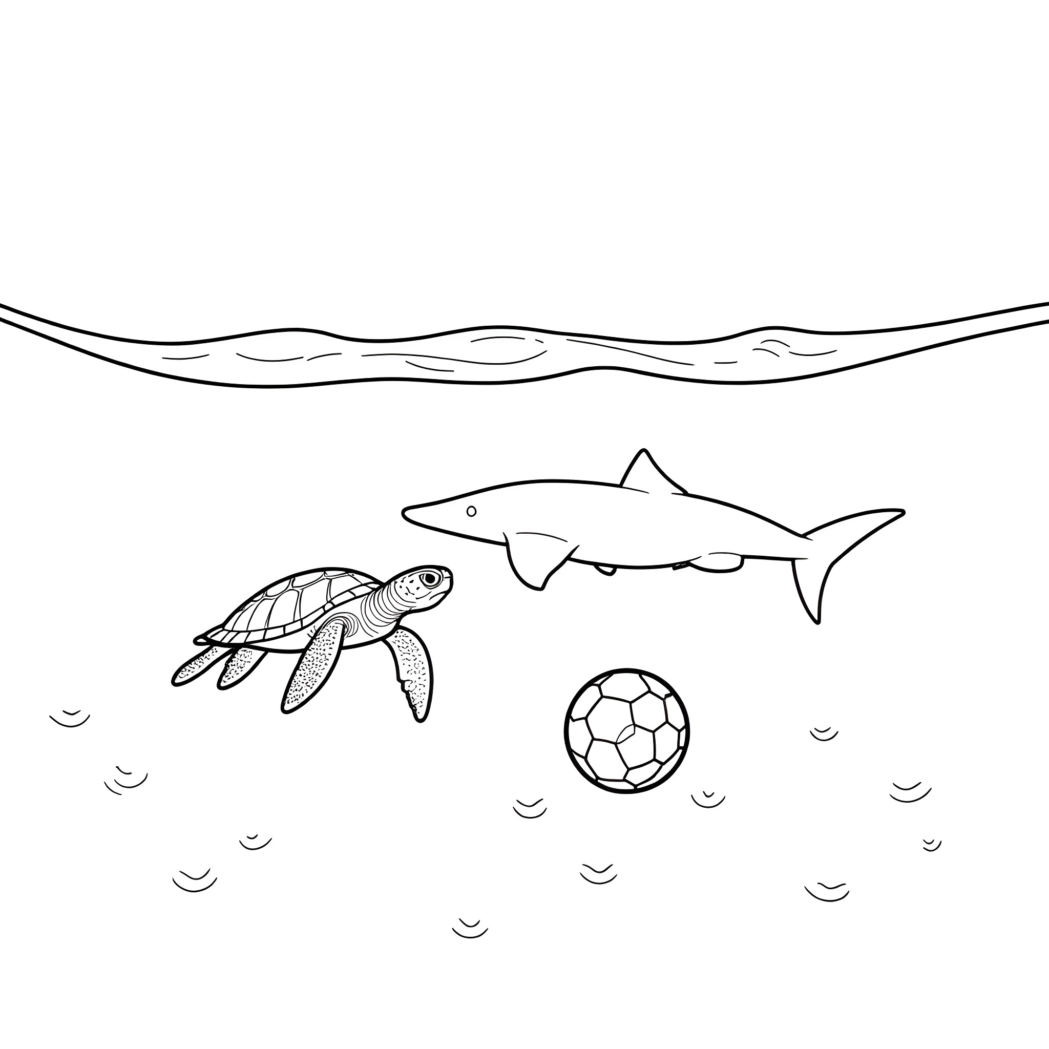 Turtle and shark swimming underwater with soccer ball Coloring Page (free black-and-white line drawing printable PDF for all, from beginners to advanced learners, including children, teens, adults, and seniors)
