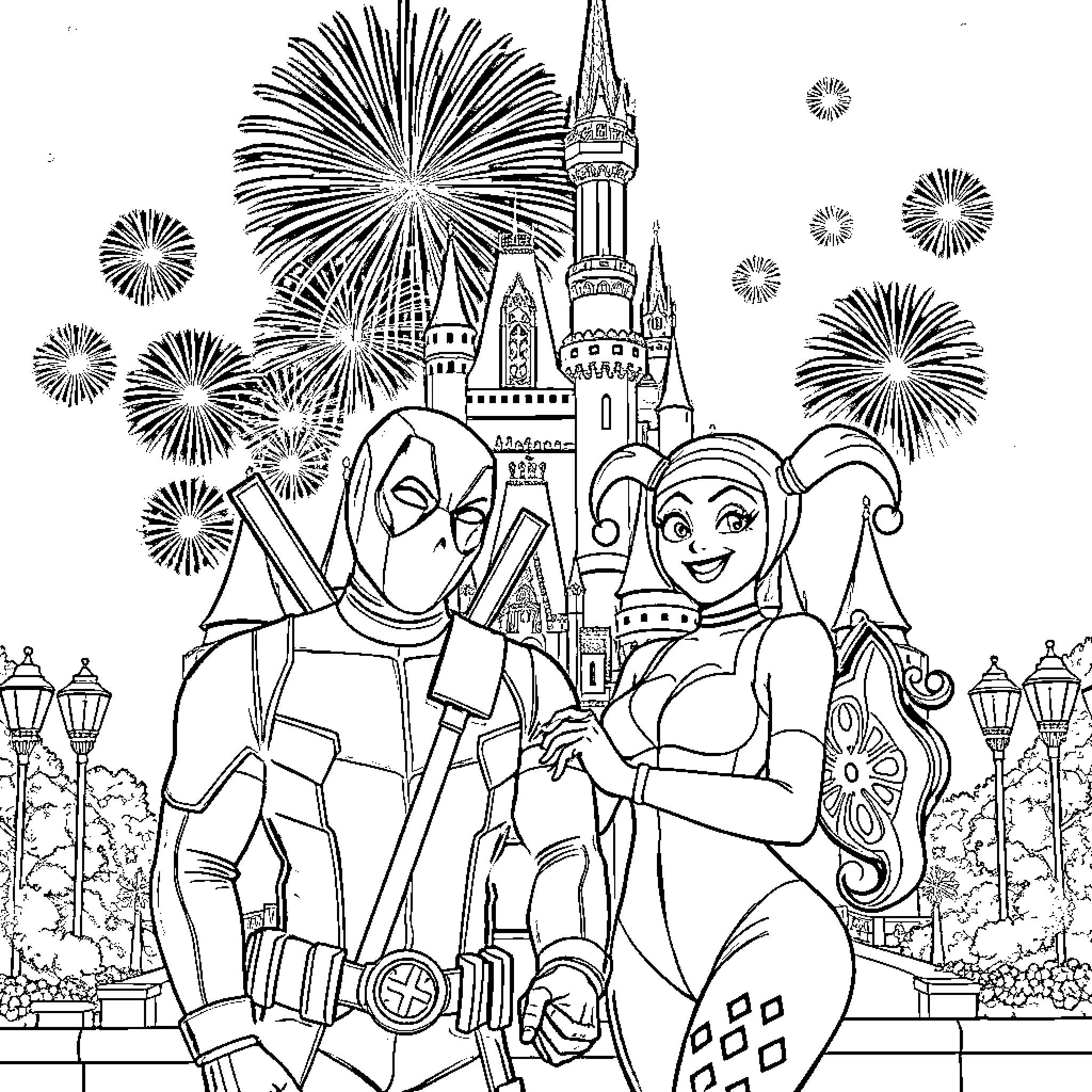 Deadpool and Harley Quinn's Whimsical Castle Adventure Coloring Page (free black-and-white line drawing printable PDF for all, from beginners to advanced learners, including children, teens, adults, and seniors)