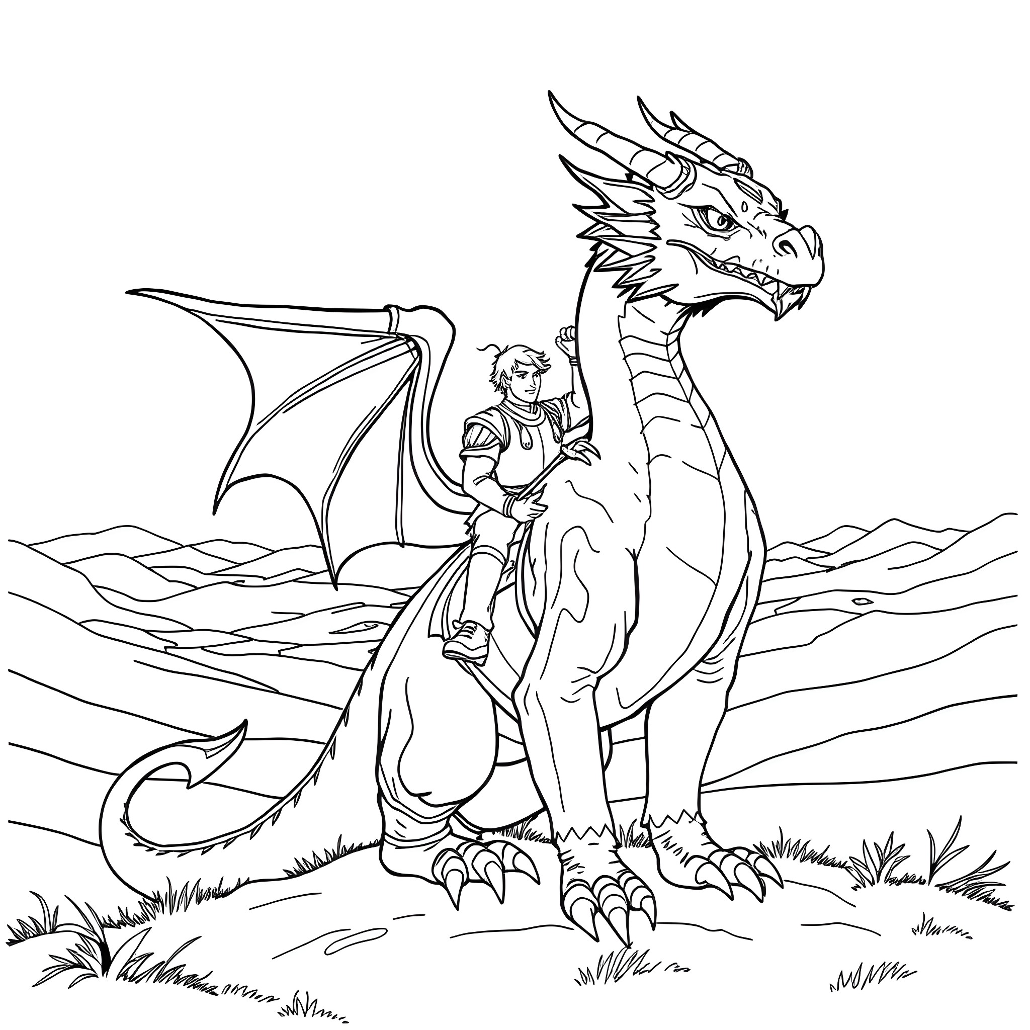 Dragon Rider exploring an enchanted land Coloring Page (free black-and-white line drawing printable PDF for all, from beginners to advanced learners, including children, teens, adults, and seniors)