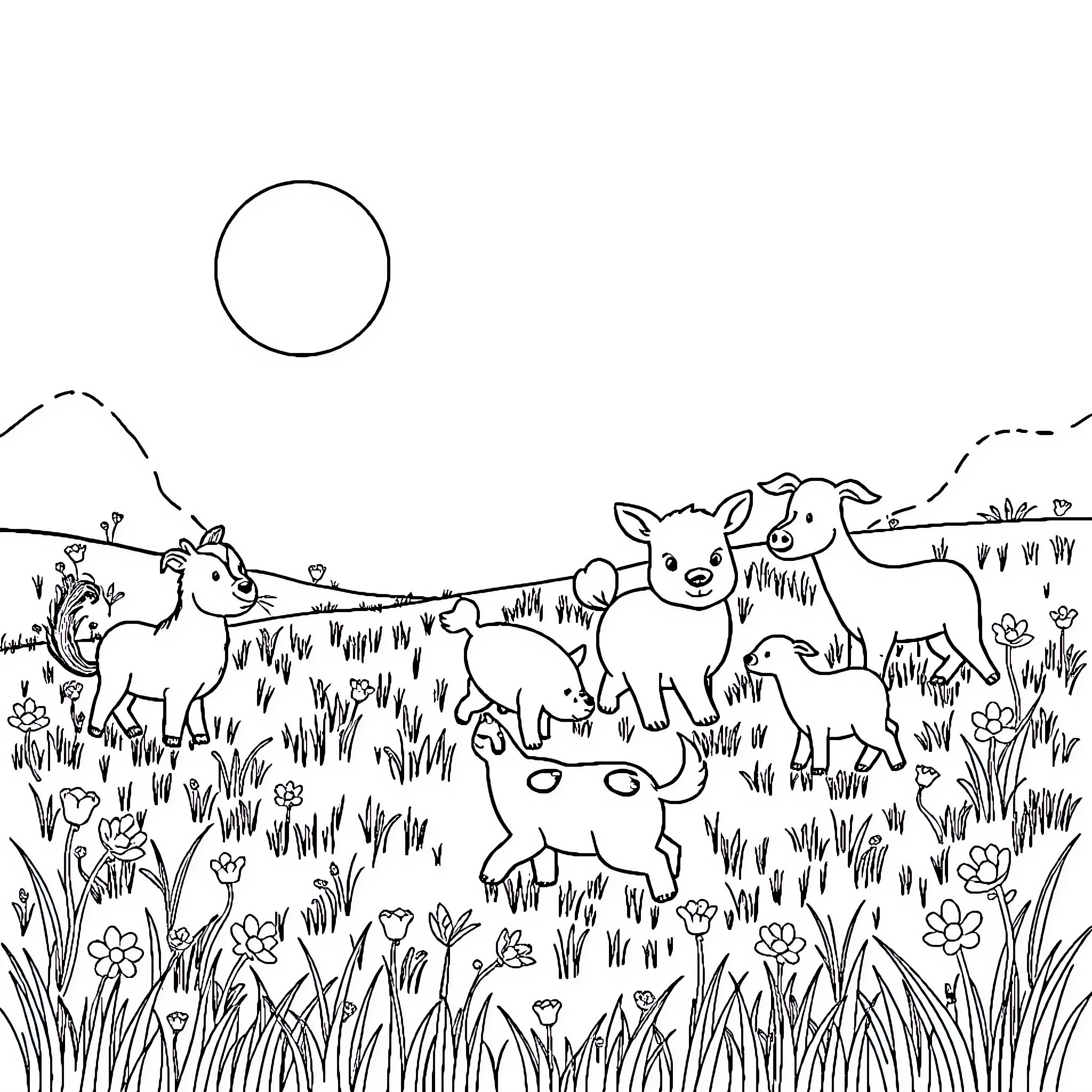 Animals playing in the field Coloring Page (free black-and-white line drawing printable PDF for all, from beginners to advanced learners, including children, teens, adults, and seniors)