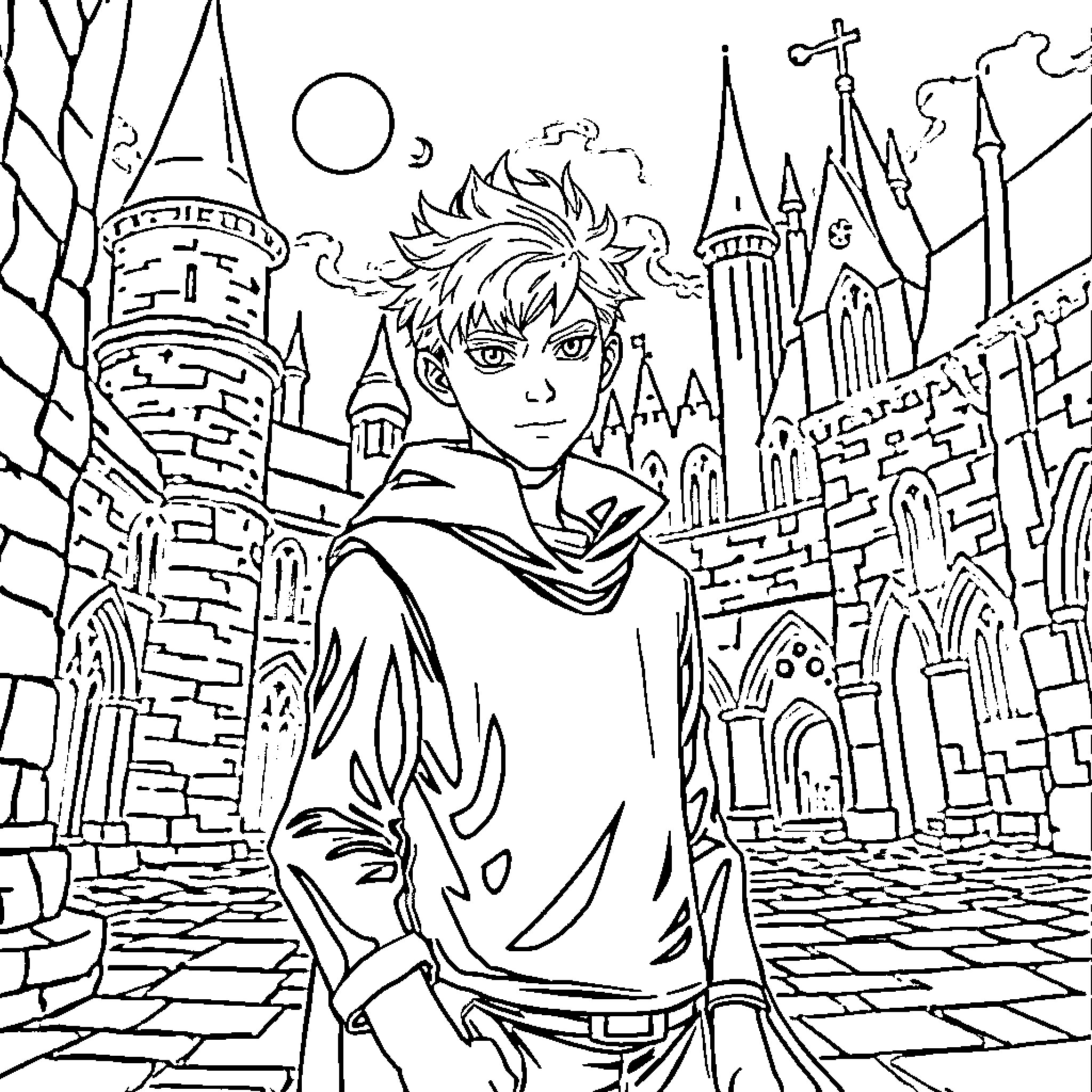 Draco Exploring the Magical Castle Grounds Coloring Page (free black-and-white line drawing printable PDF for all, from beginners to advanced learners, including children, teens, adults, and seniors)