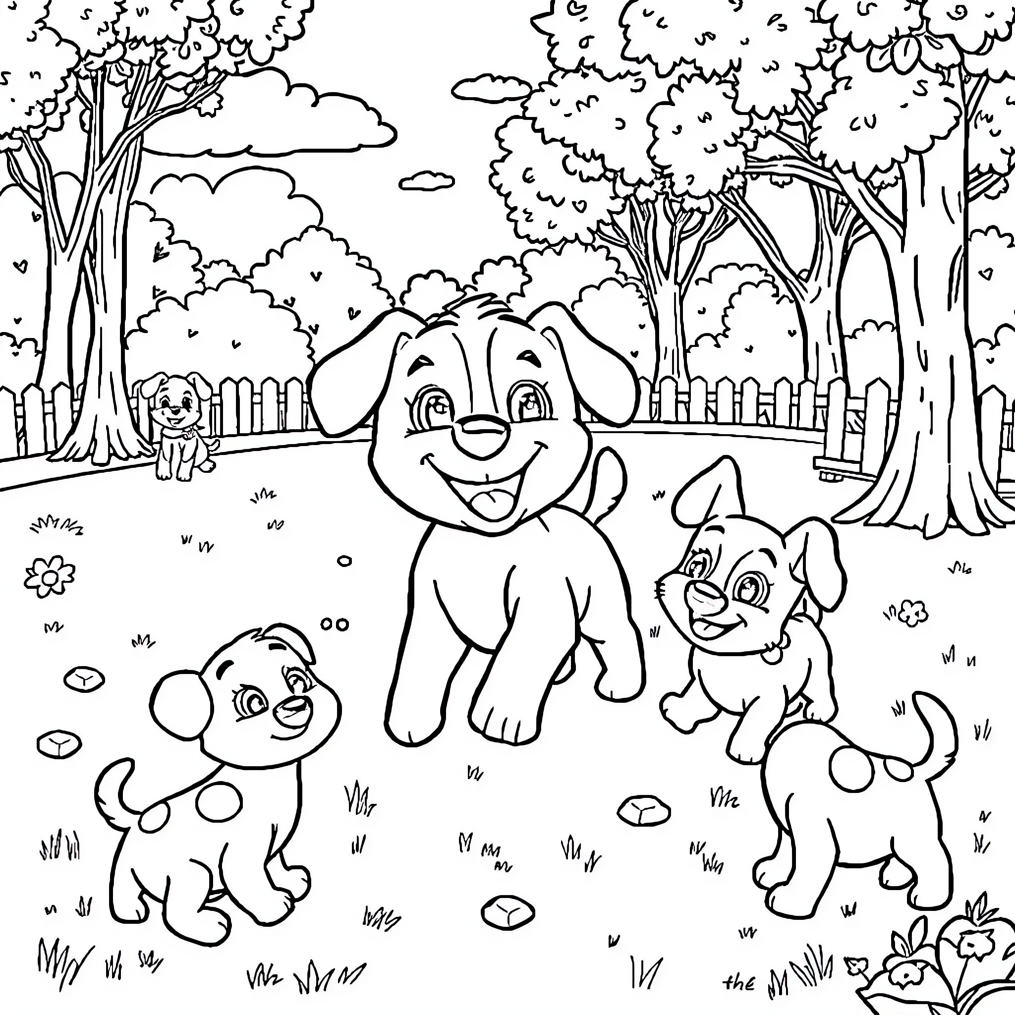 Bluey's Playful Adventure in the Enchanted Forest Coloring Page (free black-and-white line drawing printable PDF for all, from beginners to advanced learners, including children, teens, adults, and seniors)