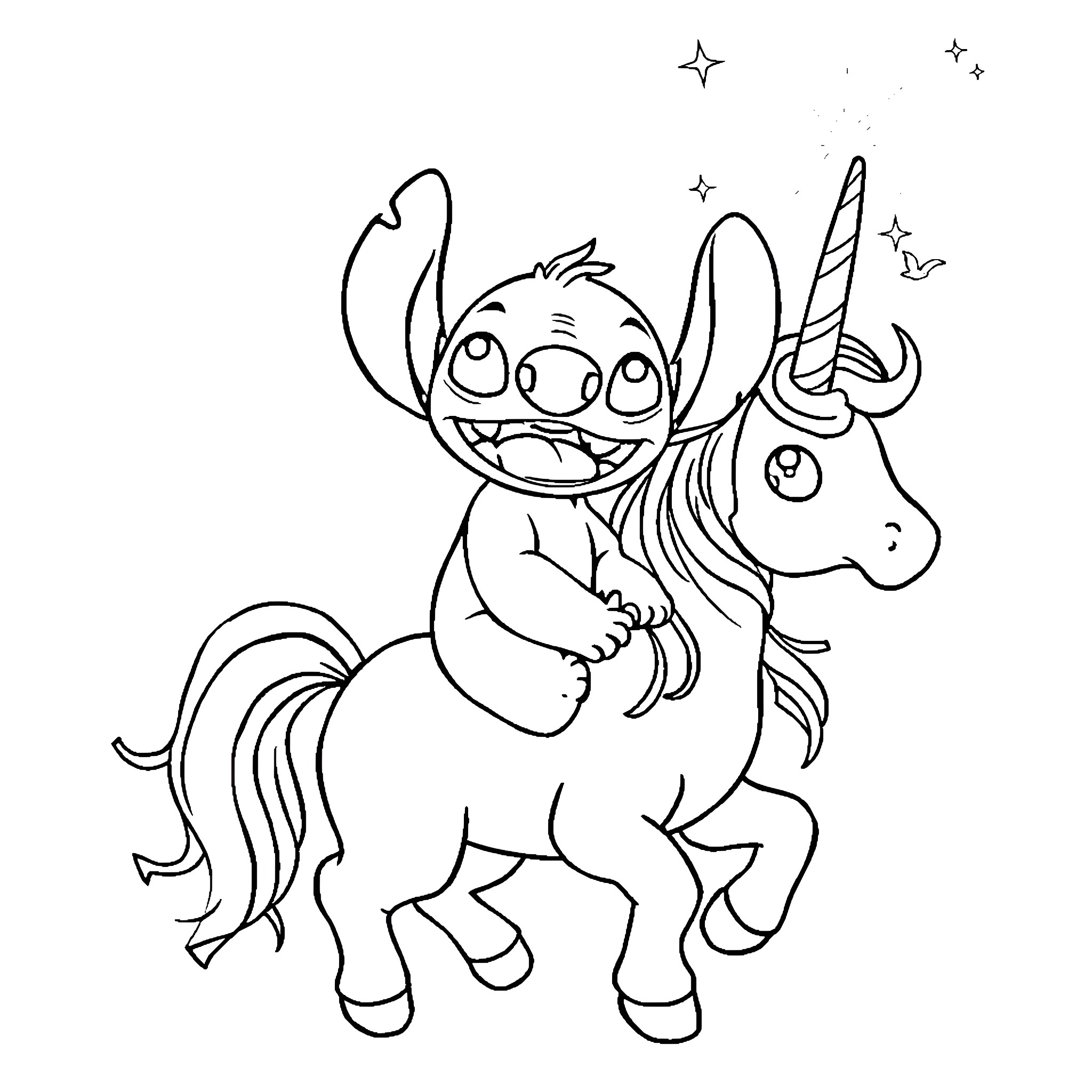 Stitch riding a magical unicorn Coloring Page (free black-and-white line drawing printable PDF for all, from beginners to advanced learners, including children, teens, adults, and seniors)