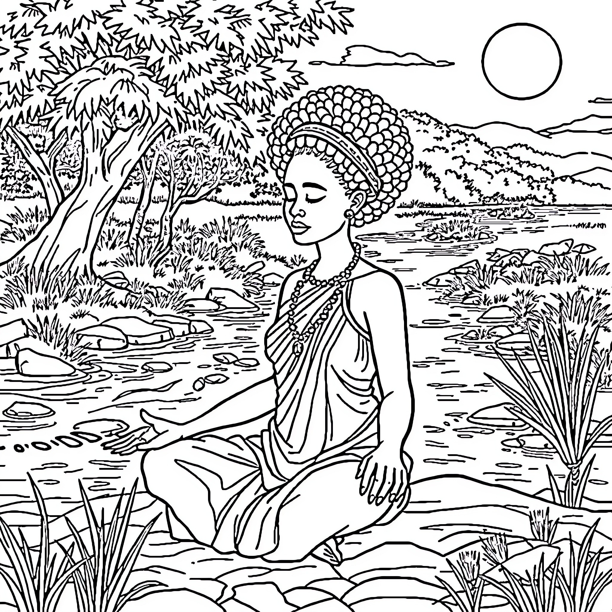 Princess in Peaceful Garden Meditation Coloring Page (free black-and-white line drawing printable PDF for all, from beginners to advanced learners, including children, teens, adults, and seniors)