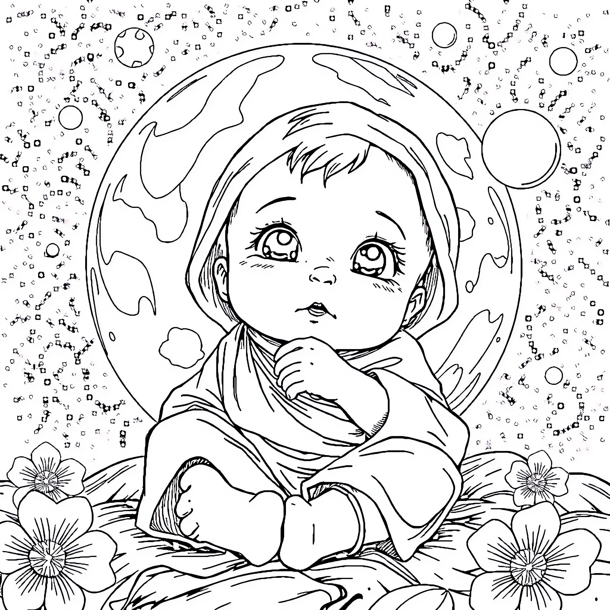 Manga Child Sitting in a Floral Field Coloring Page (free black-and-white line drawing printable PDF for all, from beginners to advanced learners, including children, teens, adults, and seniors)