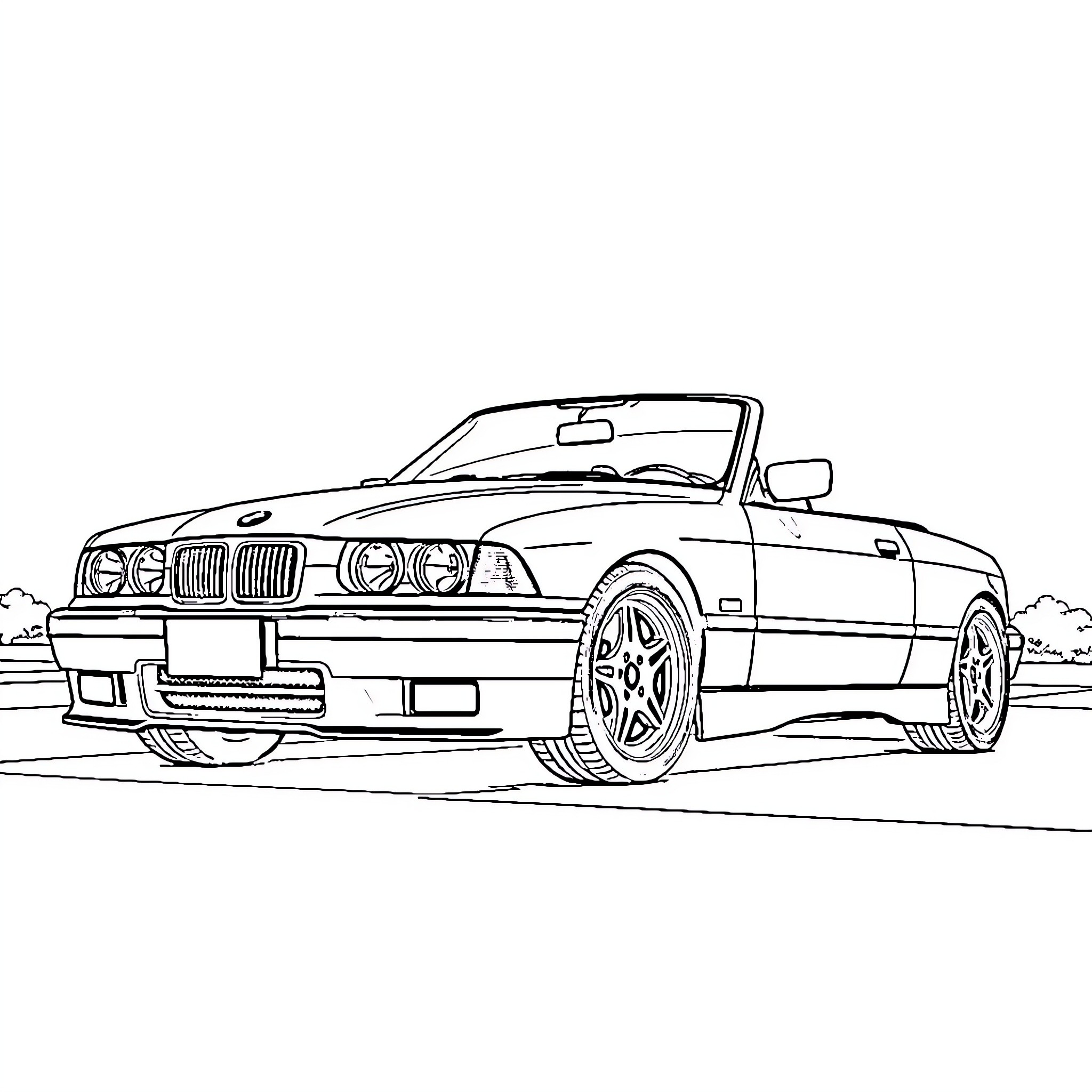 BMW Convertible on the Road Coloring Page (free black-and-white line drawing printable PDF for all, from beginners to advanced learners, including children, teens, adults, and seniors)