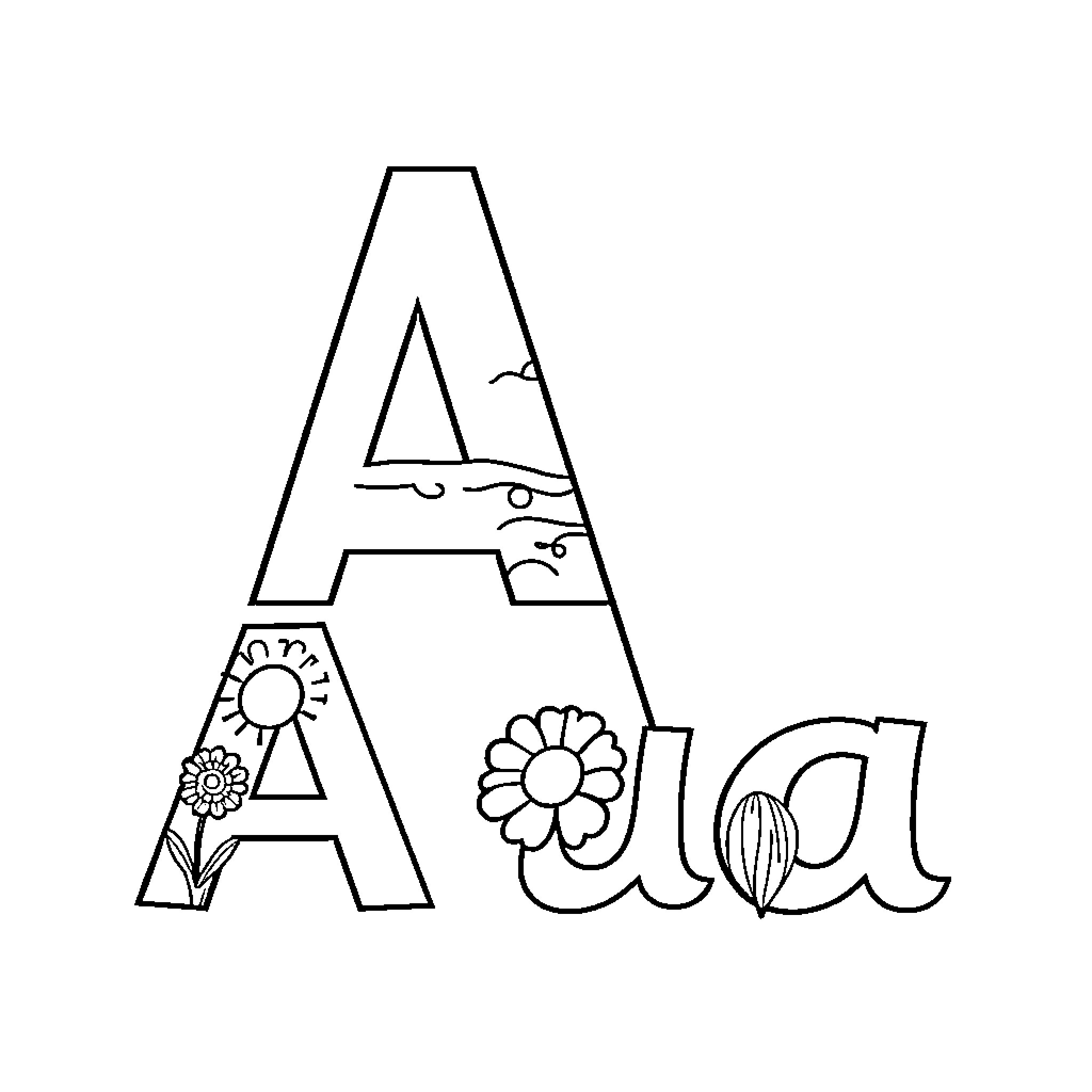 Letter A with floral decorations Coloring Page (free black-and-white line drawing printable PDF for all, from beginners to advanced learners, including children, teens, adults, and seniors)