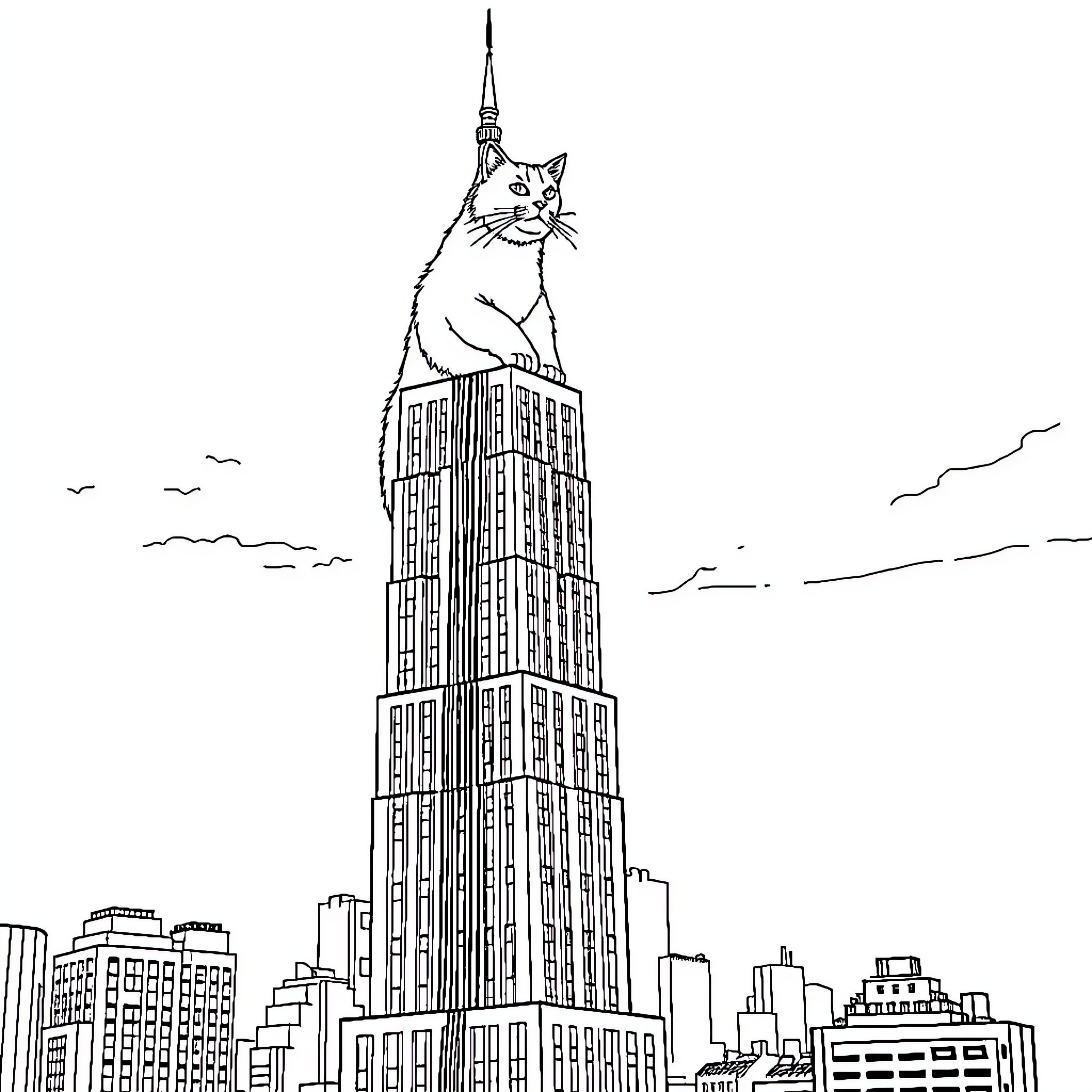 Cat atop the Empire State Building Coloring Page (free black-and-white line drawing printable PDF for all, from beginners to advanced learners, including children, teens, adults, and seniors)