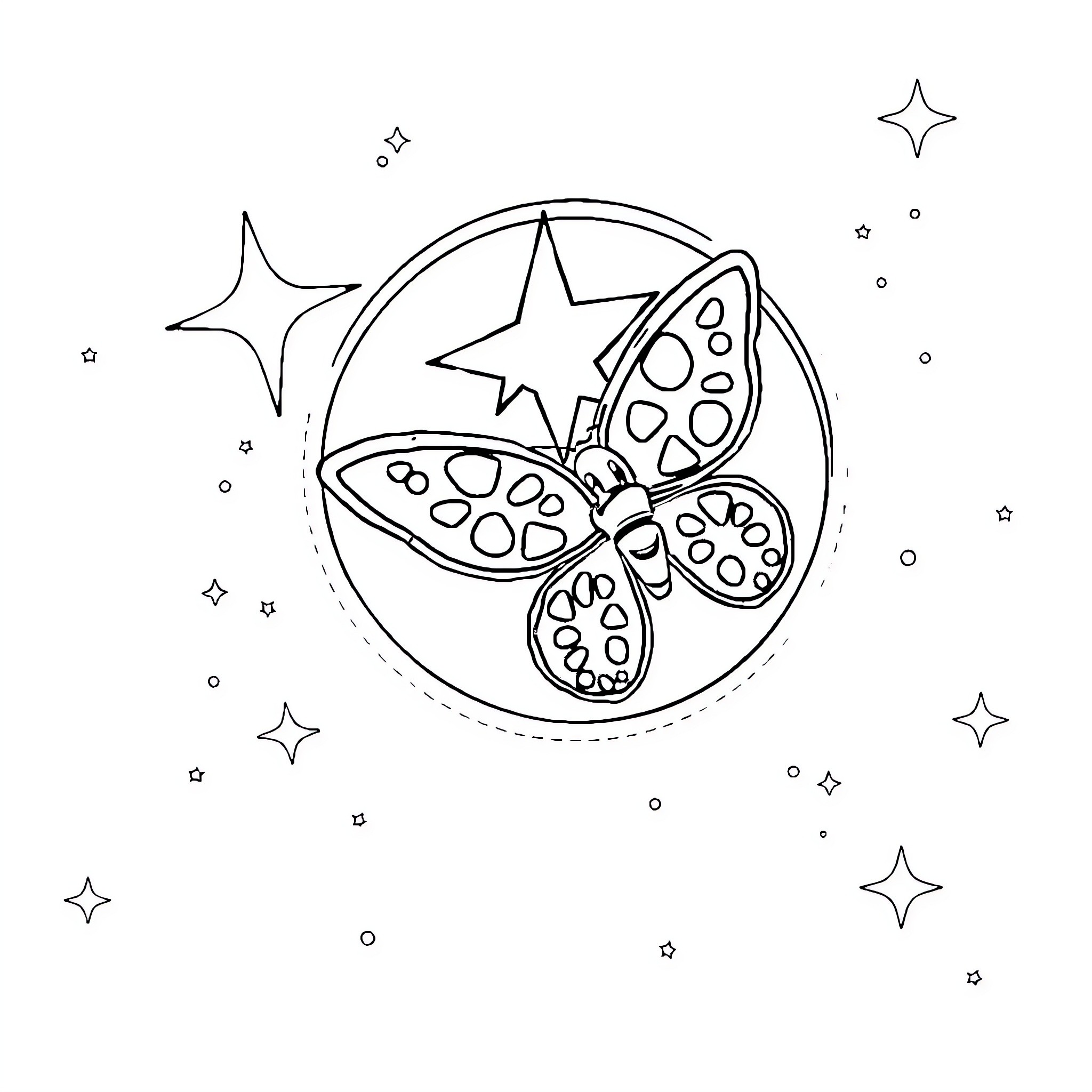 Rocket with Starry Butterfly Pattern Coloring Page (free black-and-white line drawing printable PDF for all, from beginners to advanced learners, including children, teens, adults, and seniors)