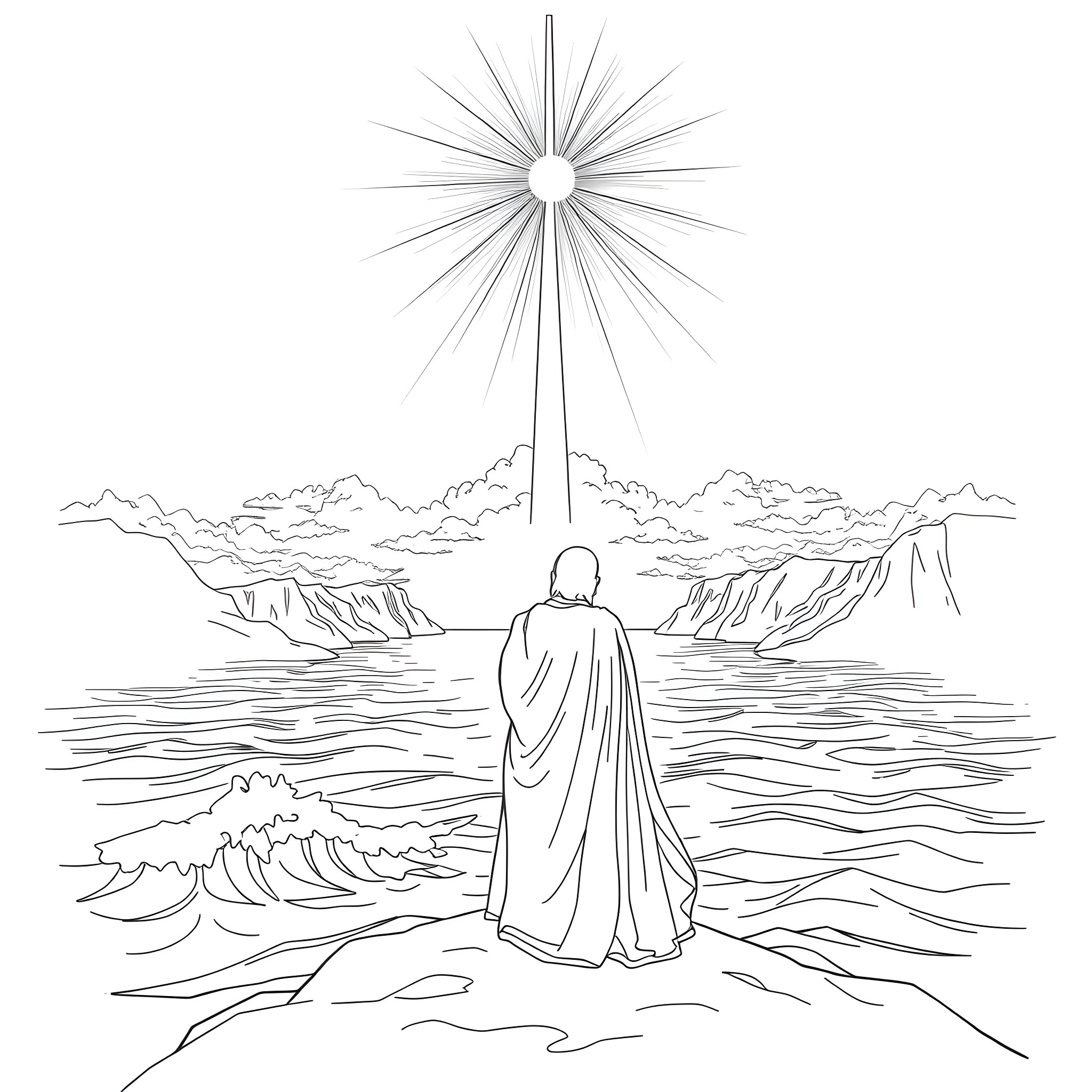 Musa's Journey through the Celestial Landscape Coloring Page (free black-and-white line drawing printable PDF for all, from beginners to advanced learners, including children, teens, adults, and seniors)