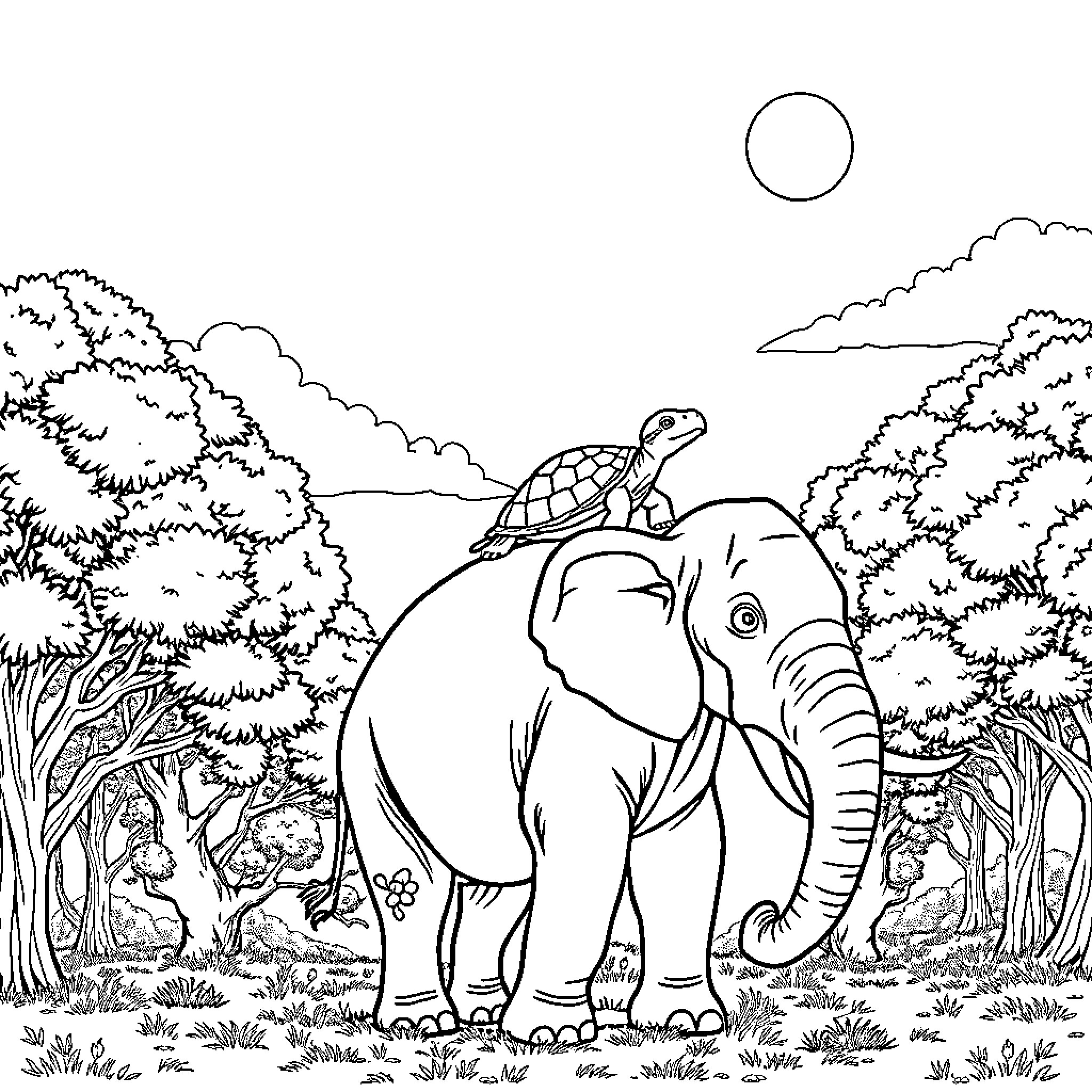 Tortoise riding on the back of an elephant in the forest Coloring Page (free black-and-white line drawing printable PDF for all, from beginners to advanced learners, including children, teens, adults, and seniors)