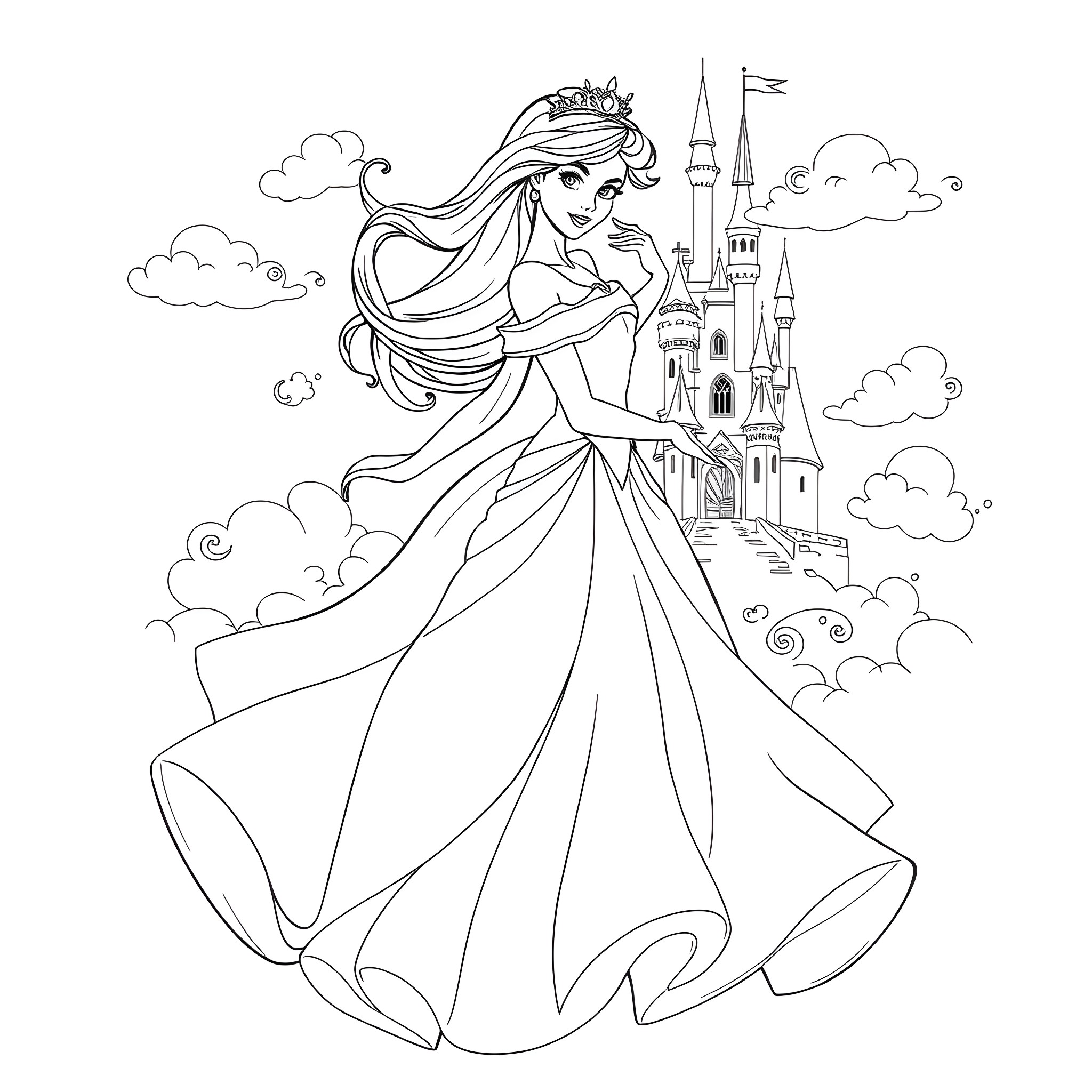Princess in Elegant Dress Dancing Near Castle Coloring Page (free black-and-white line drawing printable PDF for all, from beginners to advanced learners, including children, teens, adults, and seniors)
