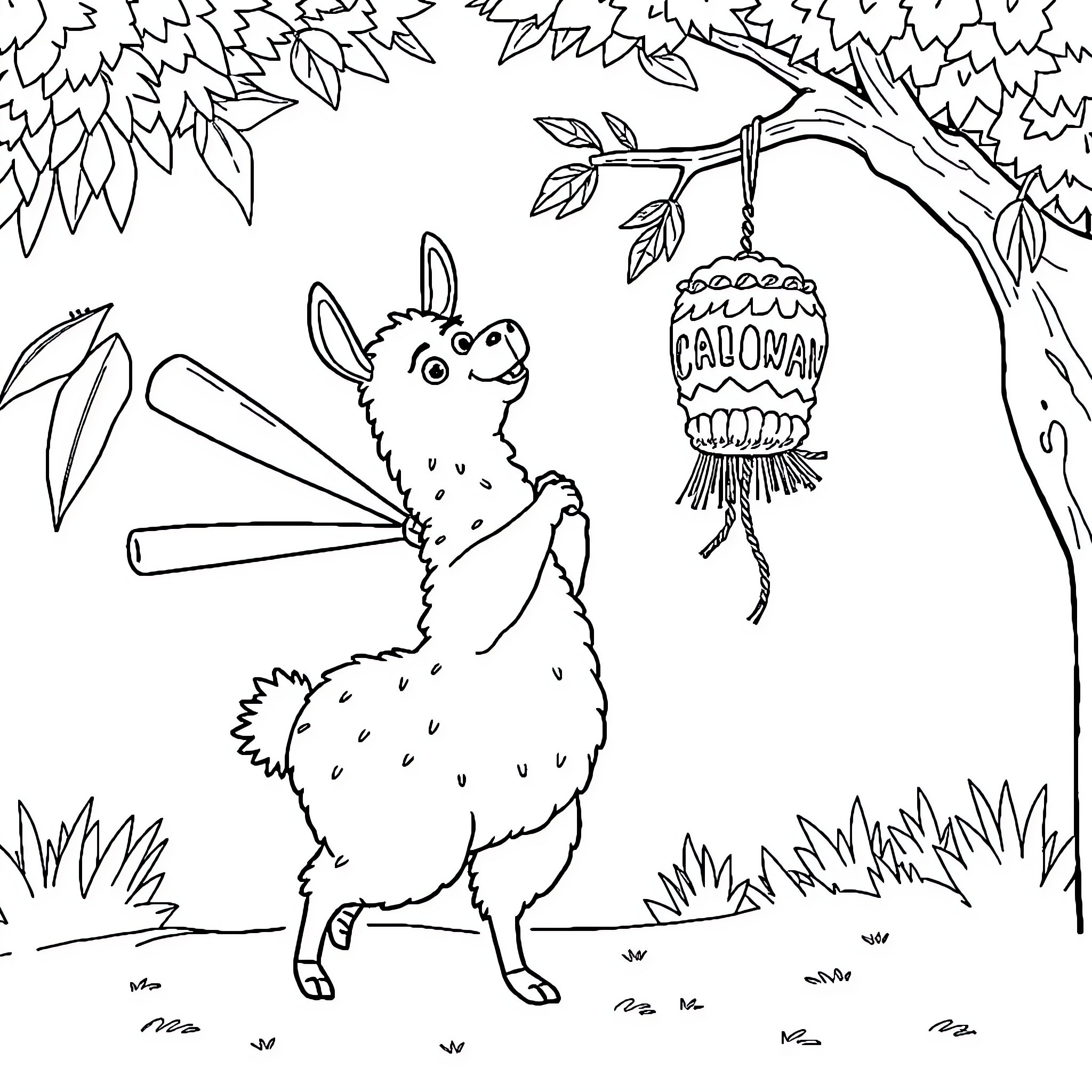 Llama with lantern in scenic forest Coloring Page (free black-and-white line drawing printable PDF for all, from beginners to advanced learners, including children, teens, adults, and seniors)