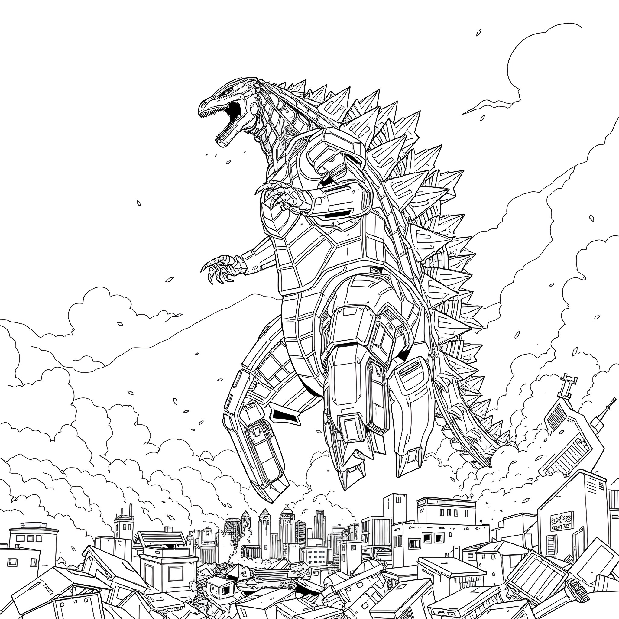 Robot Godzilla Stomping Through Destroyed City Coloring Page (free black-and-white line drawing printable PDF for all, from beginners to advanced learners, including children, teens, adults, and seniors)