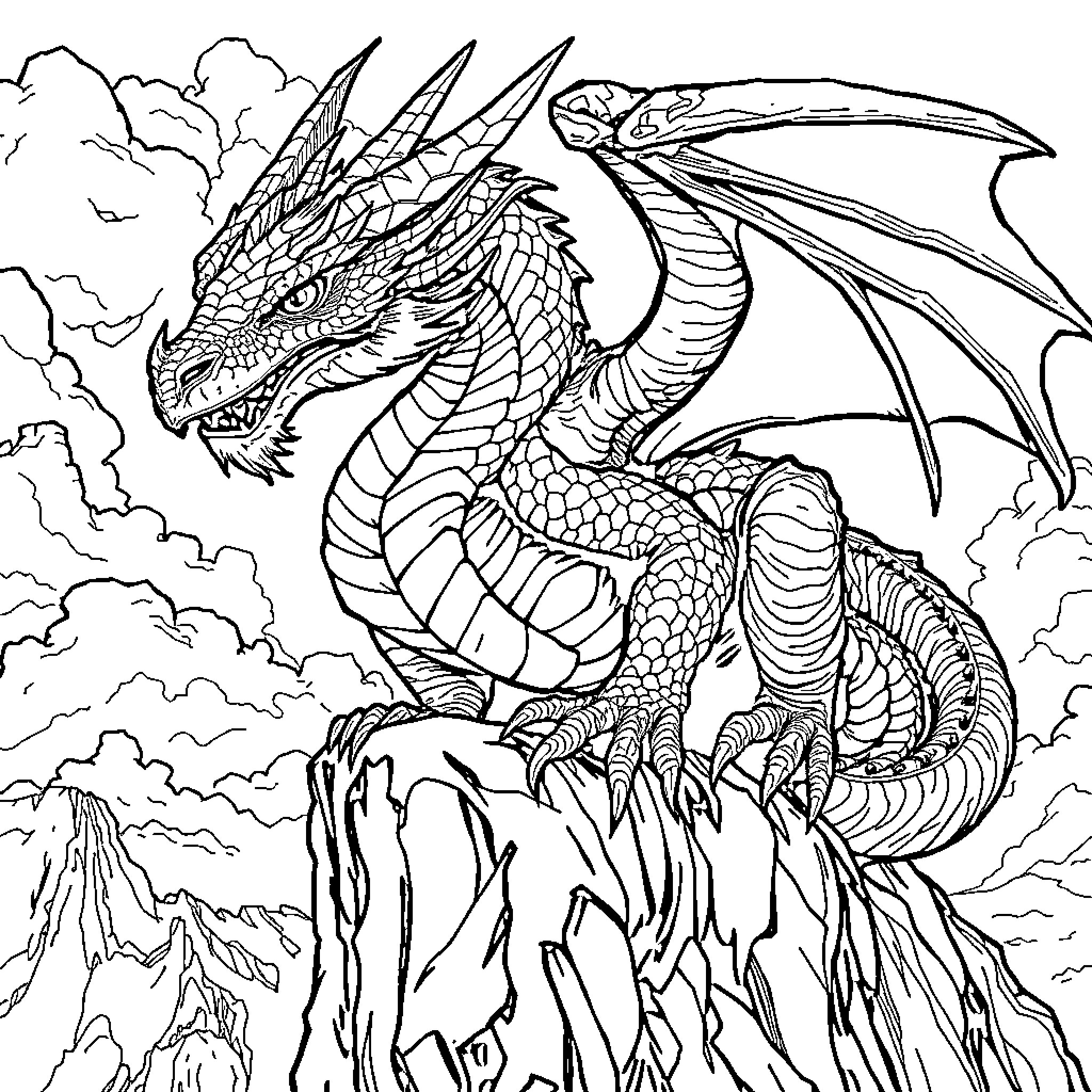 Dragon soaring amidst cloudy skies over rocky terrain Coloring Page (free black-and-white line drawing printable PDF for all, from beginners to advanced learners, including children, teens, adults, and seniors)