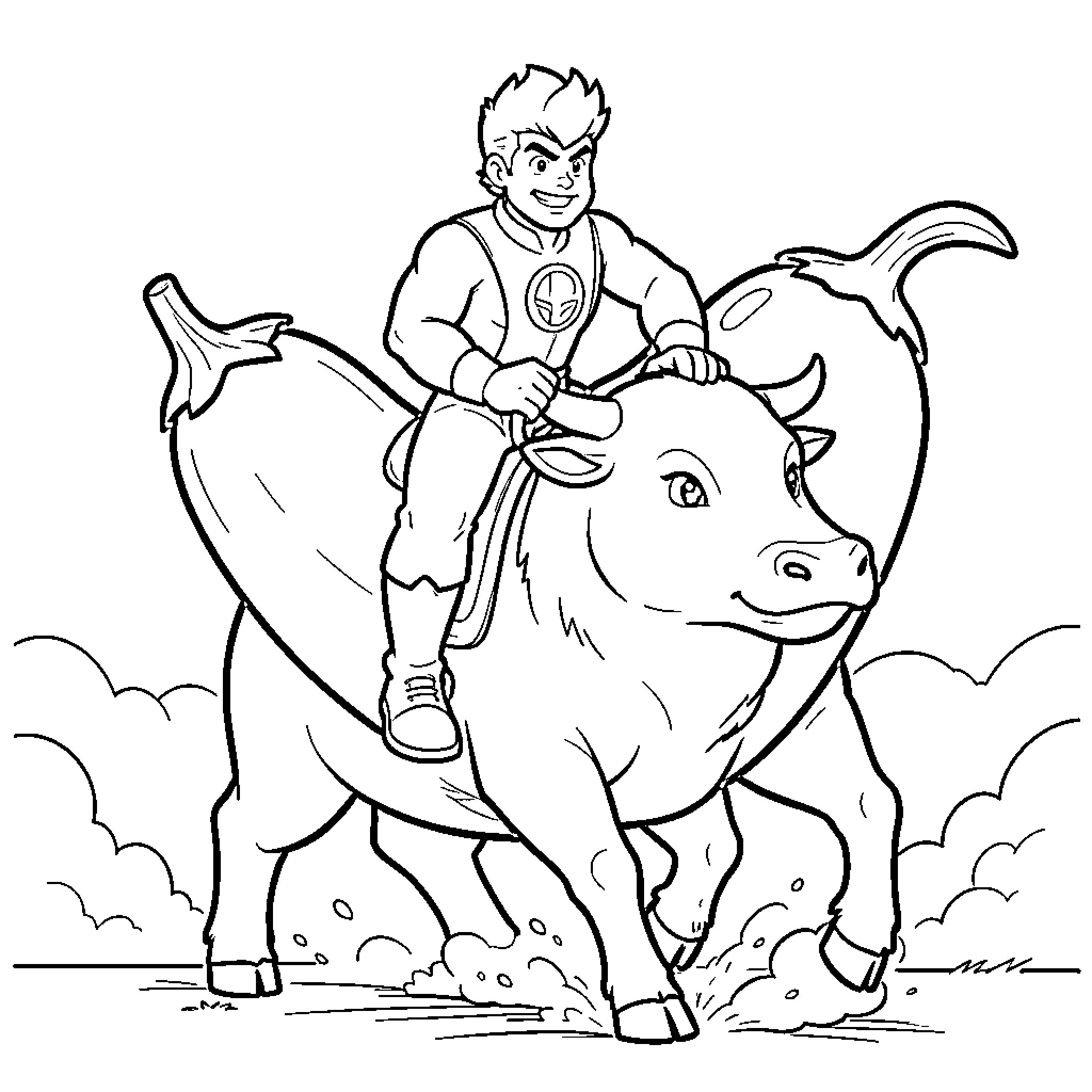 Captain Planet riding a large bull heroically Coloring Page (free black-and-white line drawing printable PDF for all, from beginners to advanced learners, including children, teens, adults, and seniors)