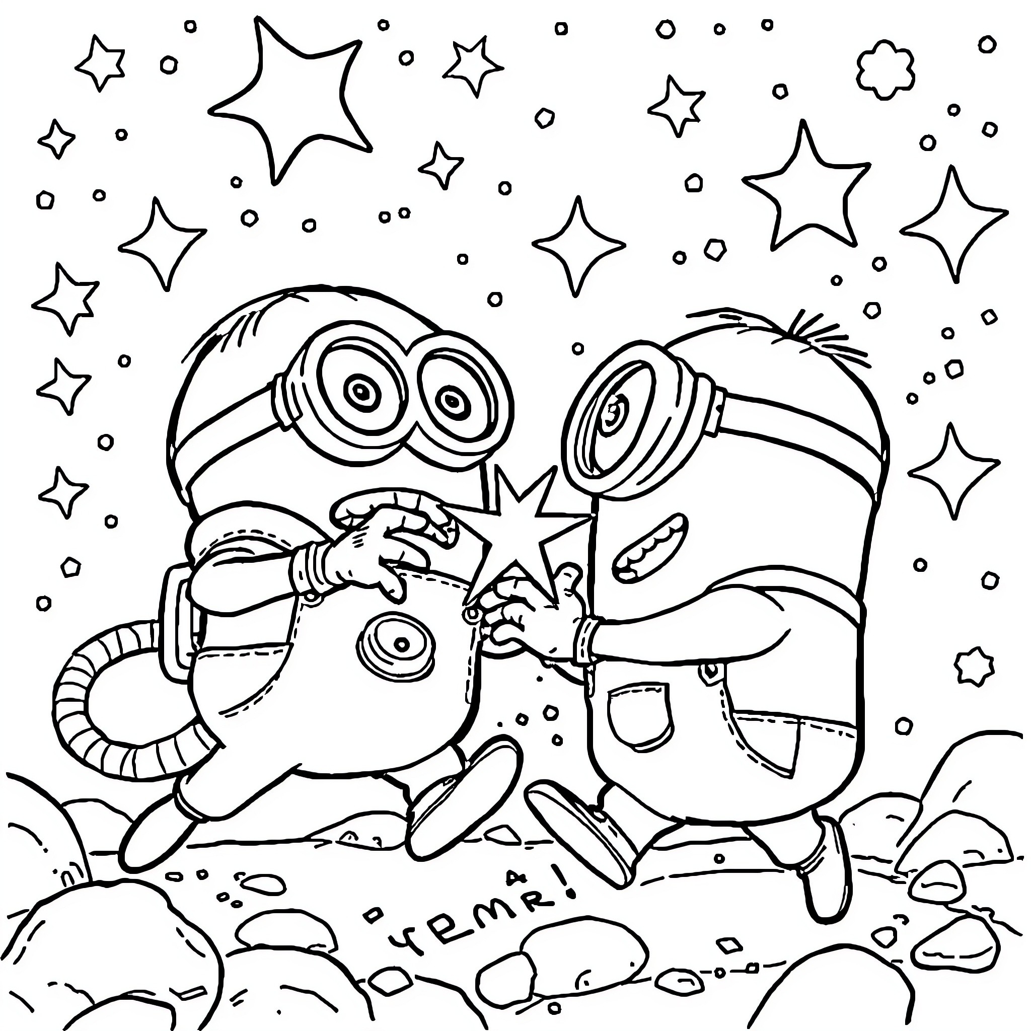 Minions Celebrating with Stars and Sparkles Coloring Page (free black-and-white line drawing printable PDF for all, from beginners to advanced learners, including children, teens, adults, and seniors)