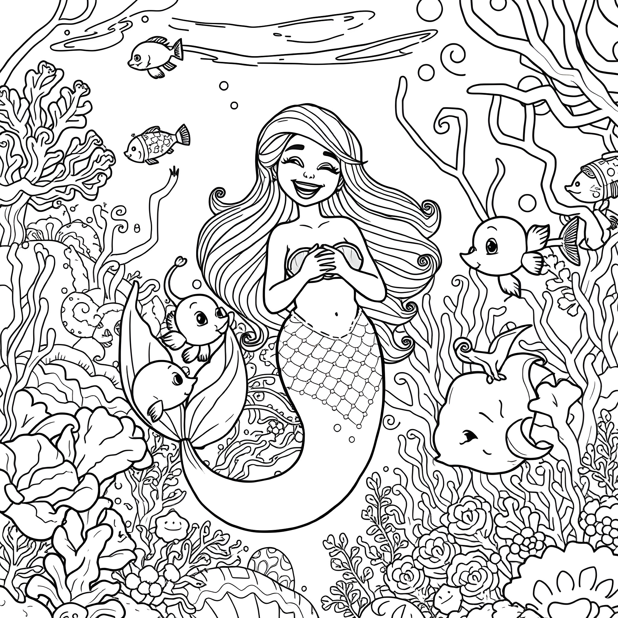 Mermaid Blowing Bubbles Underwater with Sea Creatures Coloring Page (free black-and-white line drawing printable PDF for all, from beginners to advanced learners, including children, teens, adults, and seniors)