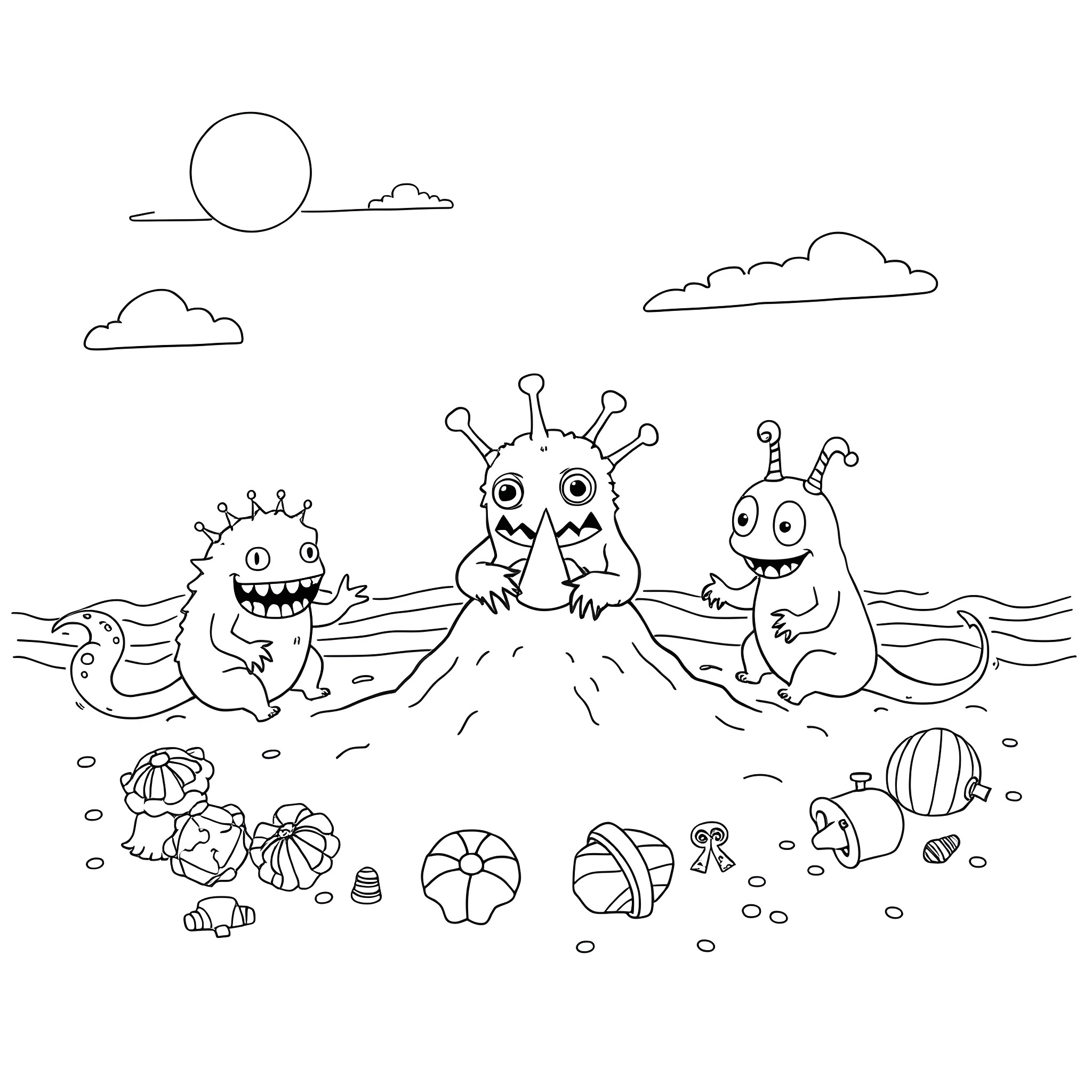 Monster friends enjoying a day at the beach Coloring Page (free black-and-white line drawing printable PDF for all, from beginners to advanced learners, including children, teens, adults, and seniors)