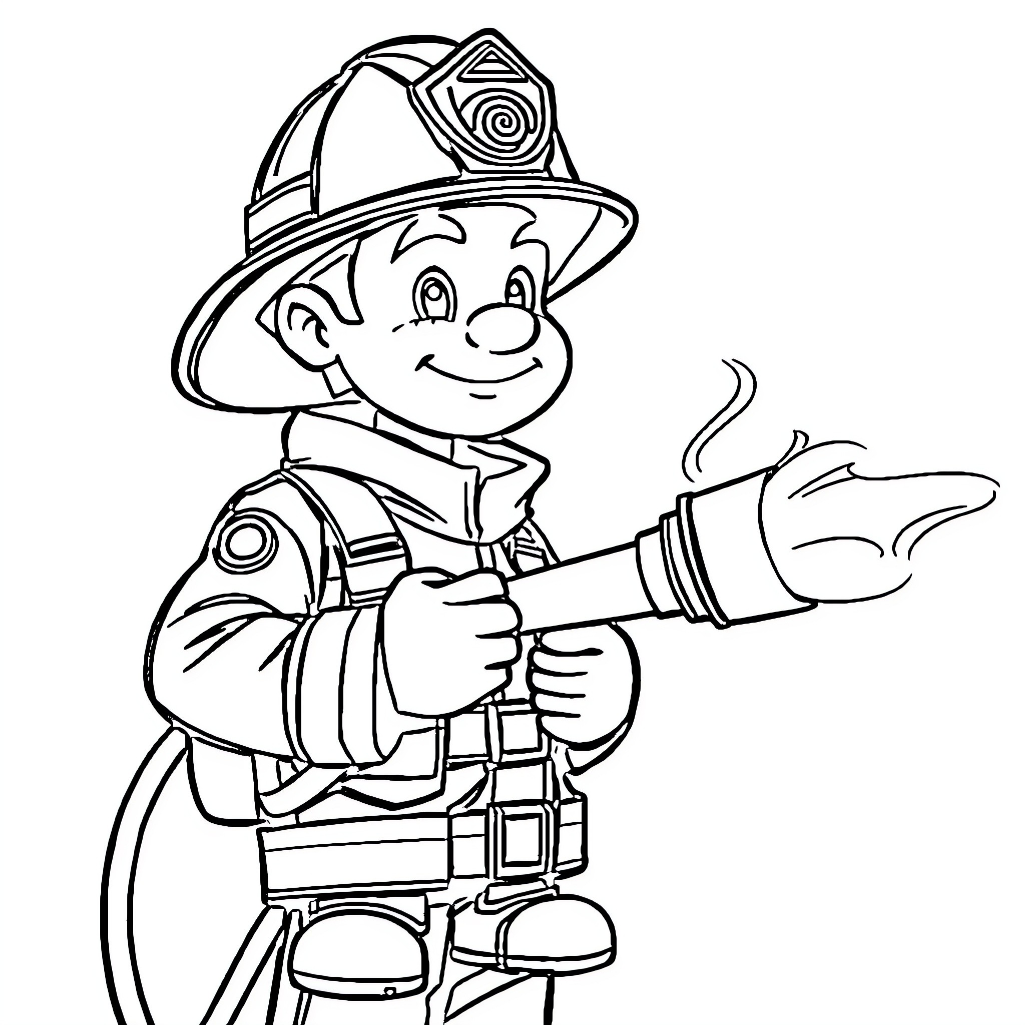 Fireman Proudly Displaying His Gear Coloring Page (free black-and-white line drawing printable PDF for all, from beginners to advanced learners, including children, teens, adults, and seniors)