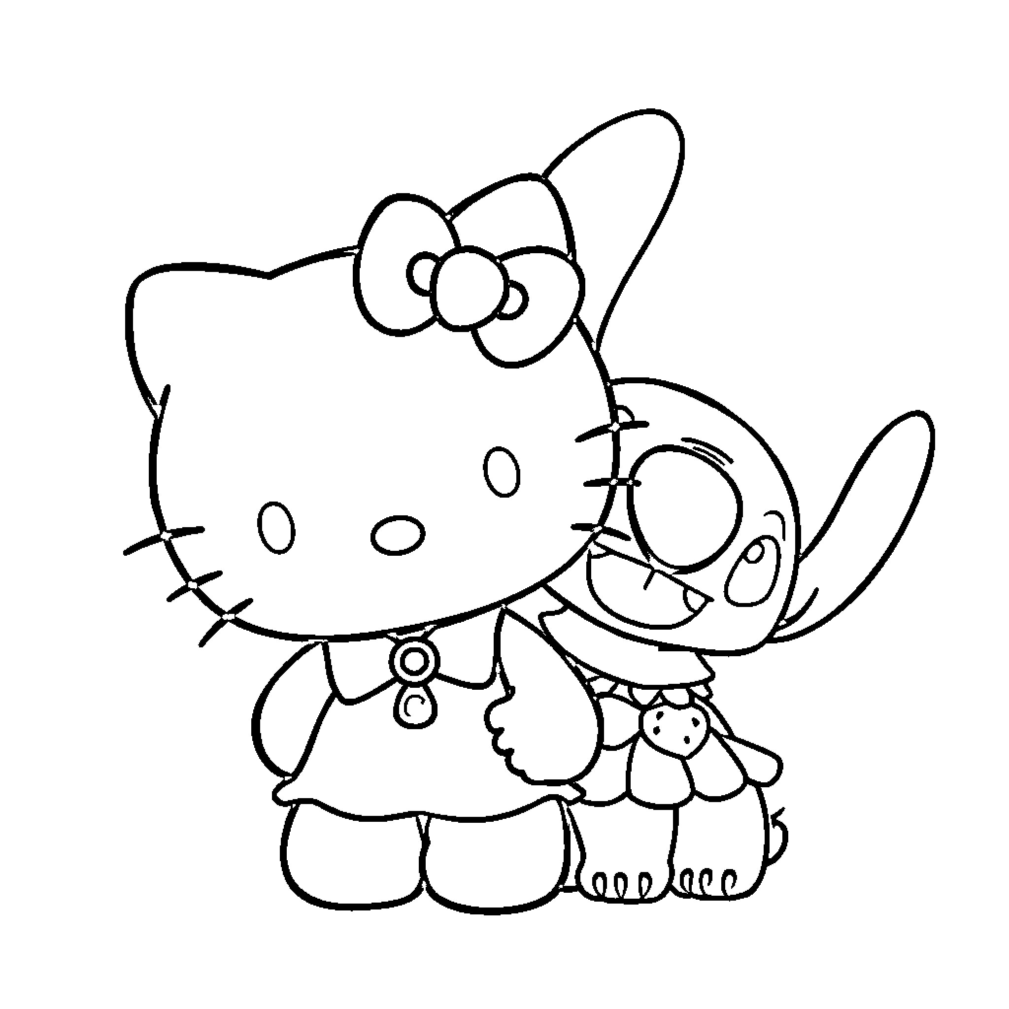 Hello Kitty hugging a stuffed animal Coloring Page (free black-and-white line drawing printable PDF for all, from beginners to advanced learners, including children, teens, adults, and seniors)