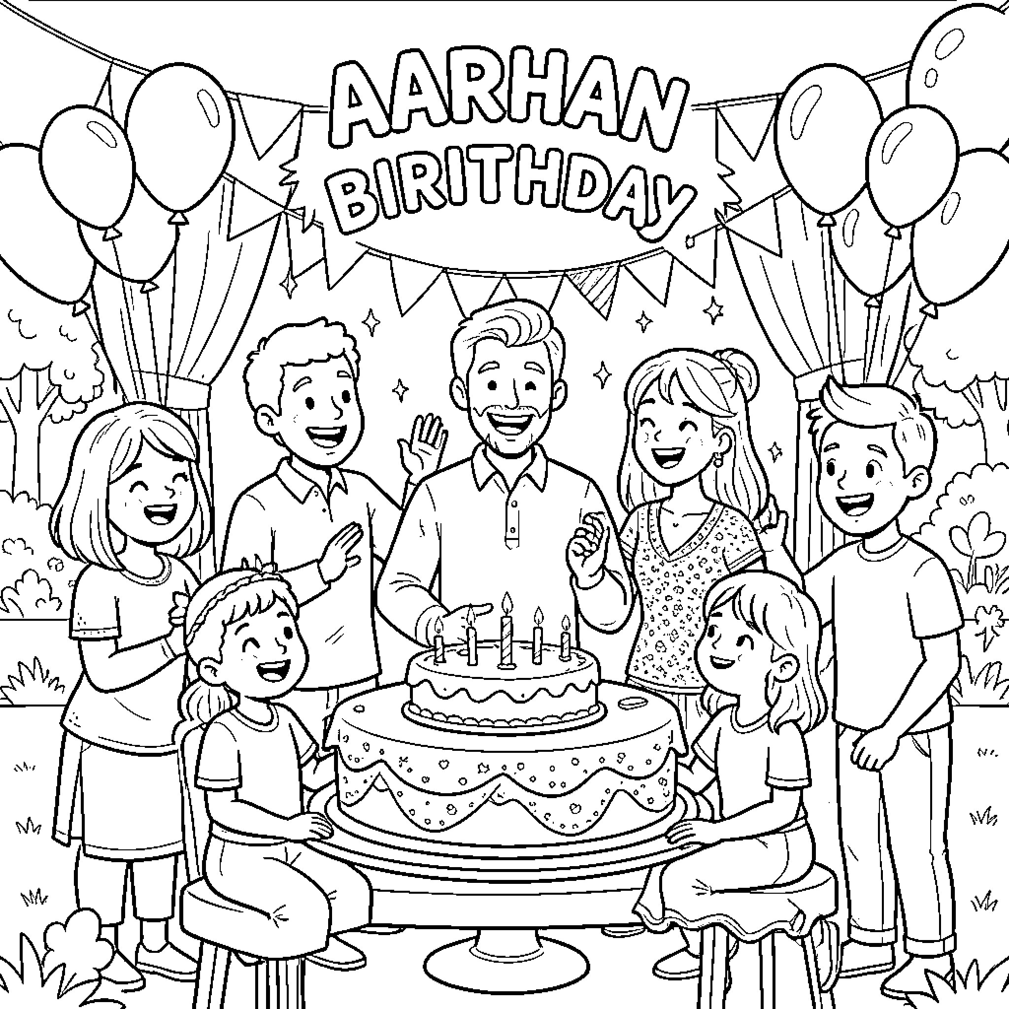 Birthday celebration with happy children around a cake Coloring Page (free black-and-white line drawing printable PDF for all, from beginners to advanced learners, including children, teens, adults, and seniors)