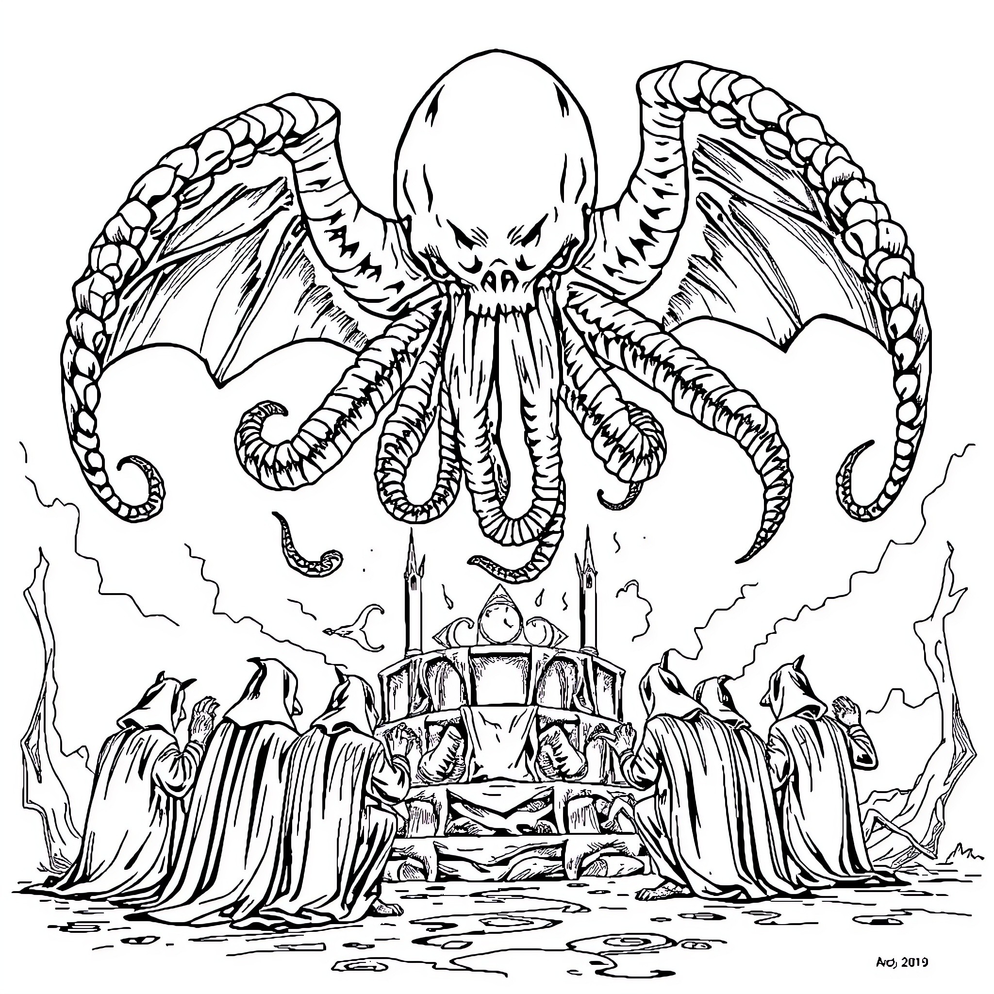 Cthulhu's Summoning Ritual in the Dark Depths Coloring Page (free black-and-white line drawing printable PDF for all, from beginners to advanced learners, including children, teens, adults, and seniors)