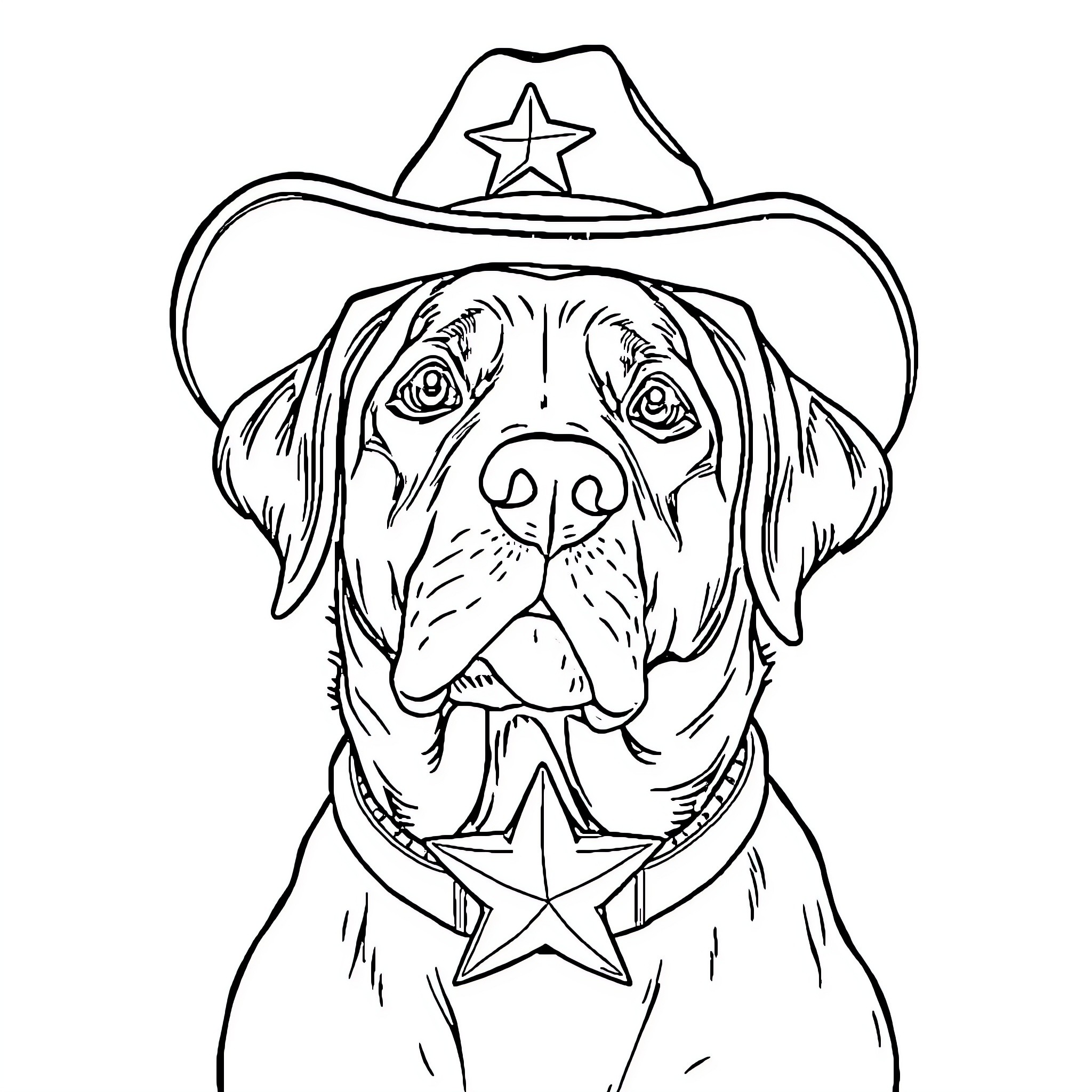 Sheriff Labrador Wearing Cowboy Hat and Star Badge Coloring Page (free black-and-white line drawing printable PDF for all, from beginners to advanced learners, including children, teens, adults, and seniors)