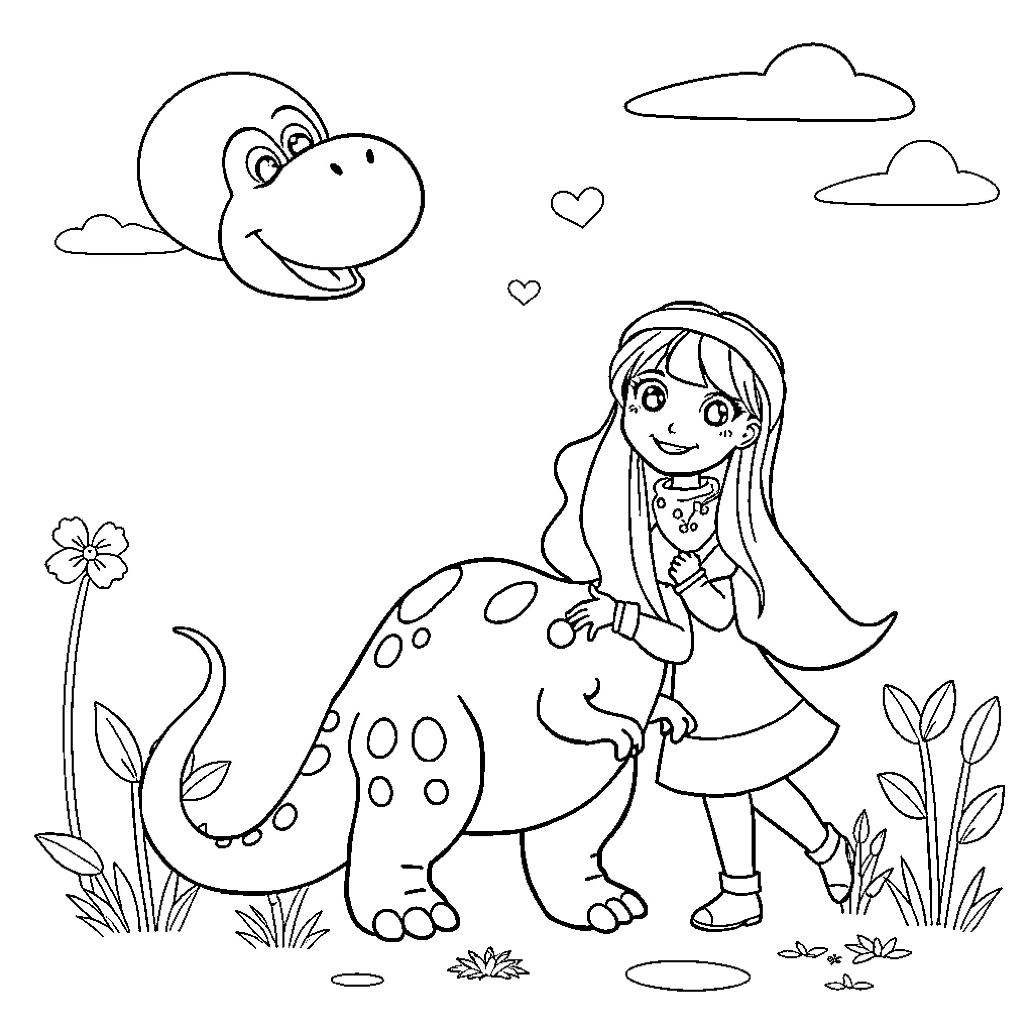 Dinosaur playing with girl in nature Coloring Page (free black-and-white line drawing printable PDF for all, from beginners to advanced learners, including children, teens, adults, and seniors)