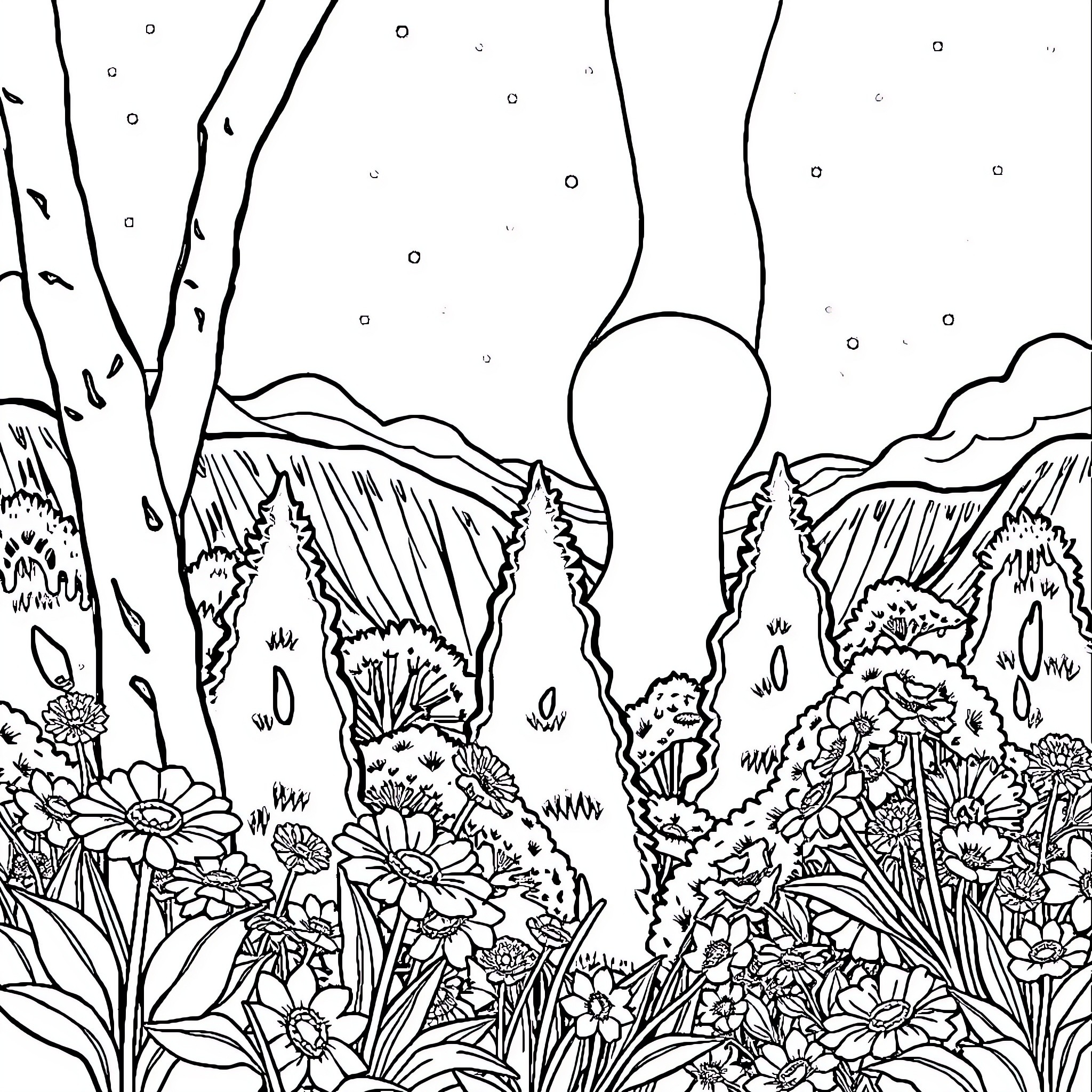 Watering Can in a Whimsical Floral Landscape Coloring Page (free black-and-white line drawing printable PDF for all, from beginners to advanced learners, including children, teens, adults, and seniors)