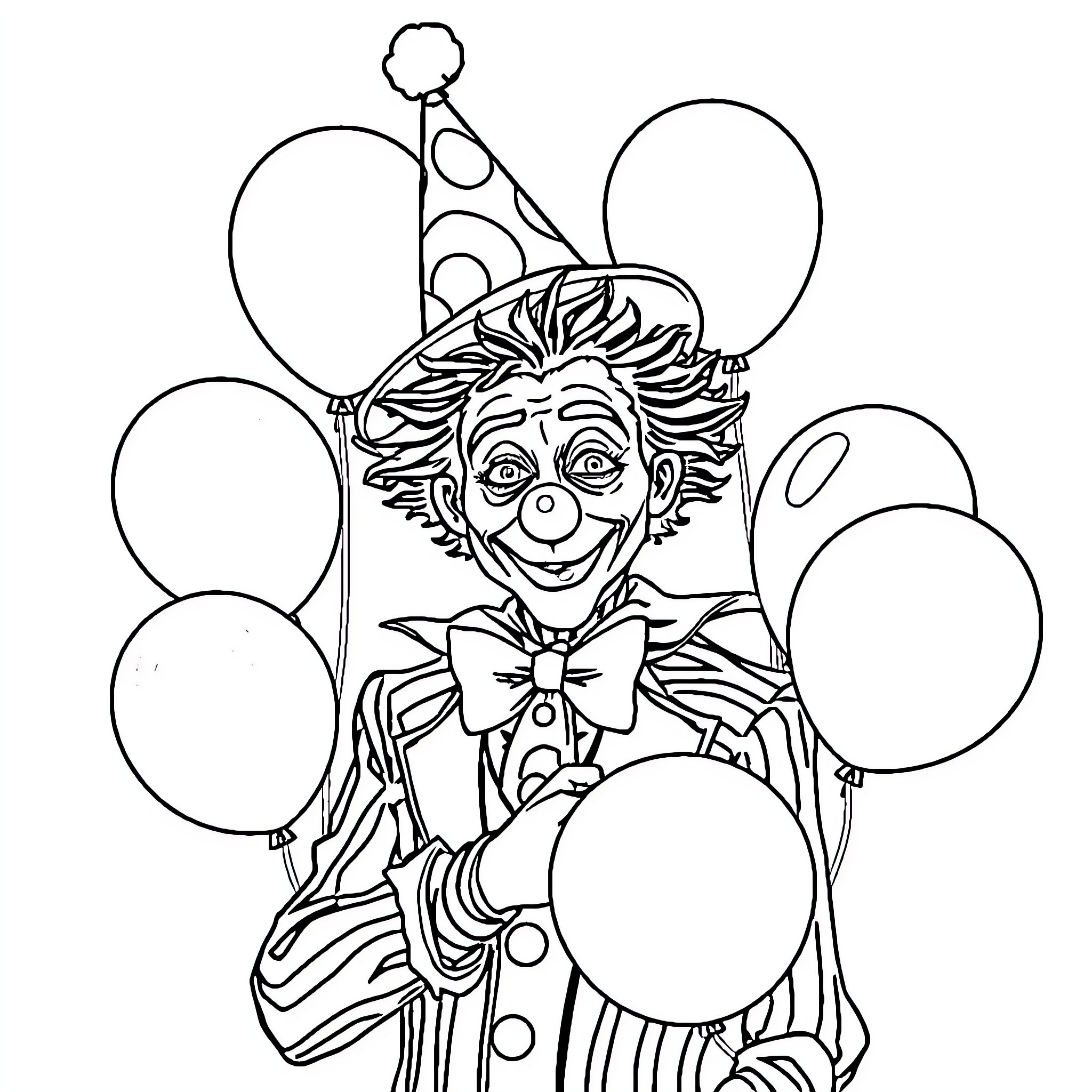 Edward Scissorhands with Balloons and Clown Attire Coloring Page (free black-and-white line drawing printable PDF for all, from beginners to advanced learners, including children, teens, adults, and seniors)